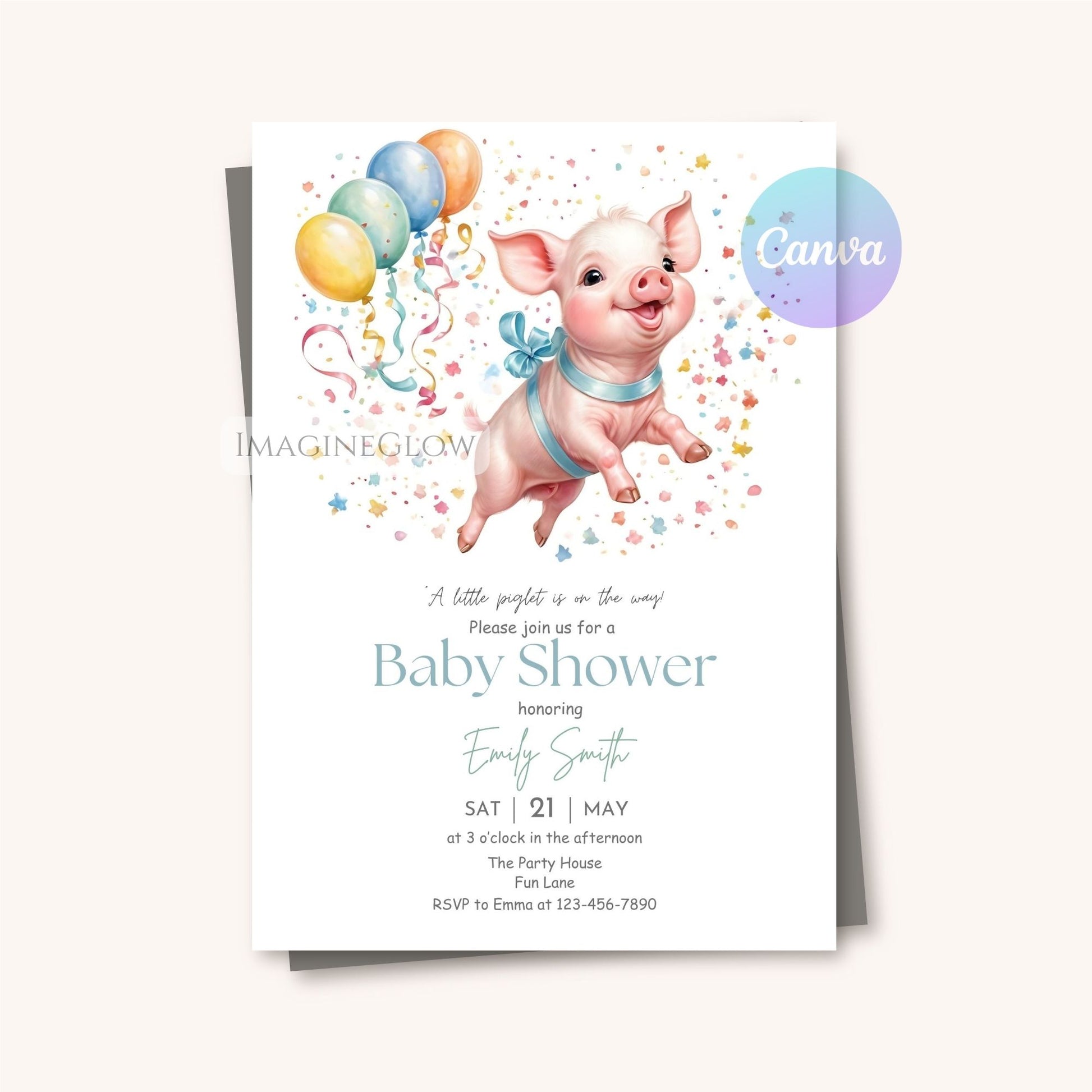 Sweet little pig baby shower invitation with a cute farm animal design