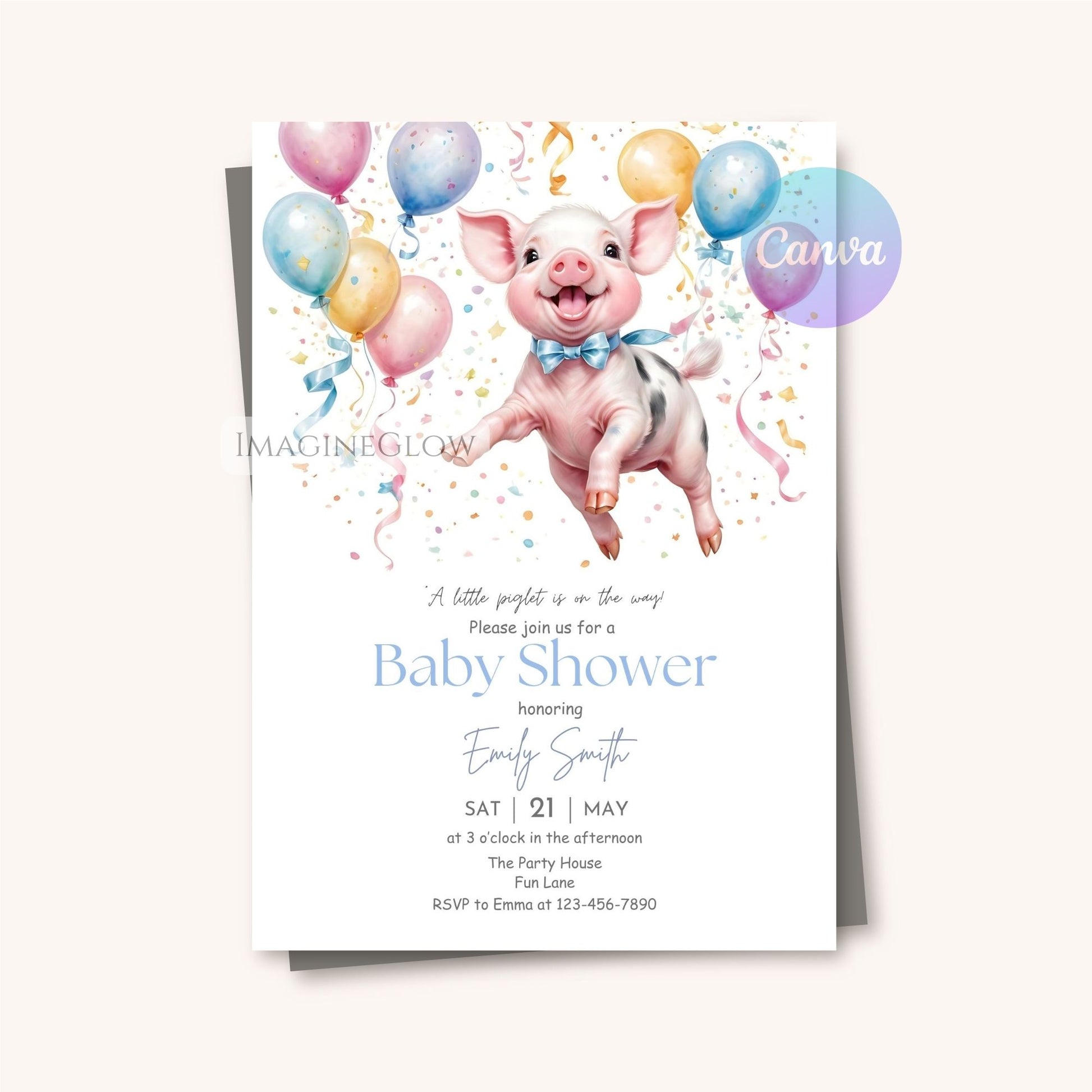 Fun and playful piglet baby shower invitation for expecting moms
Sweet little pig baby shower invitation with a cute farm animal design