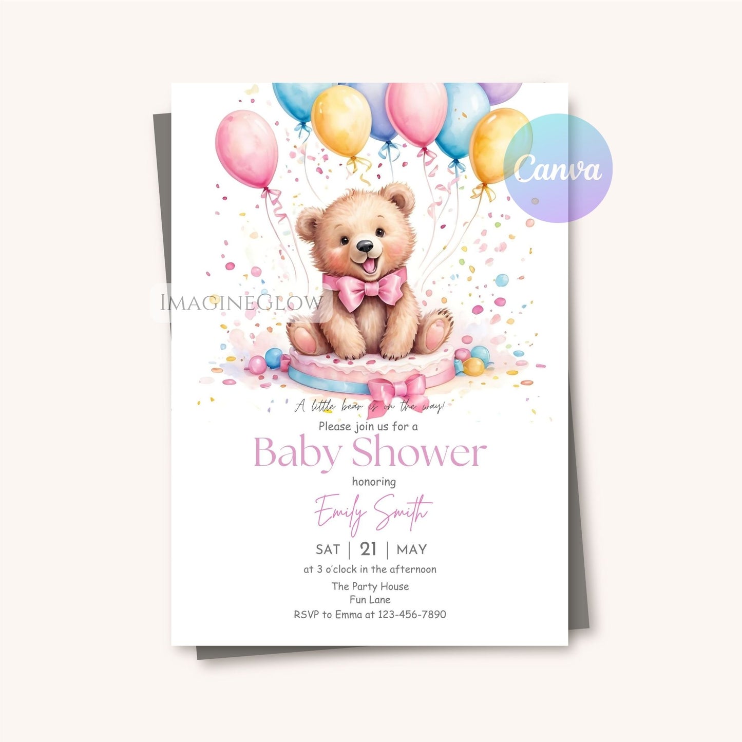 Pink woodland theme baby shower bear invite