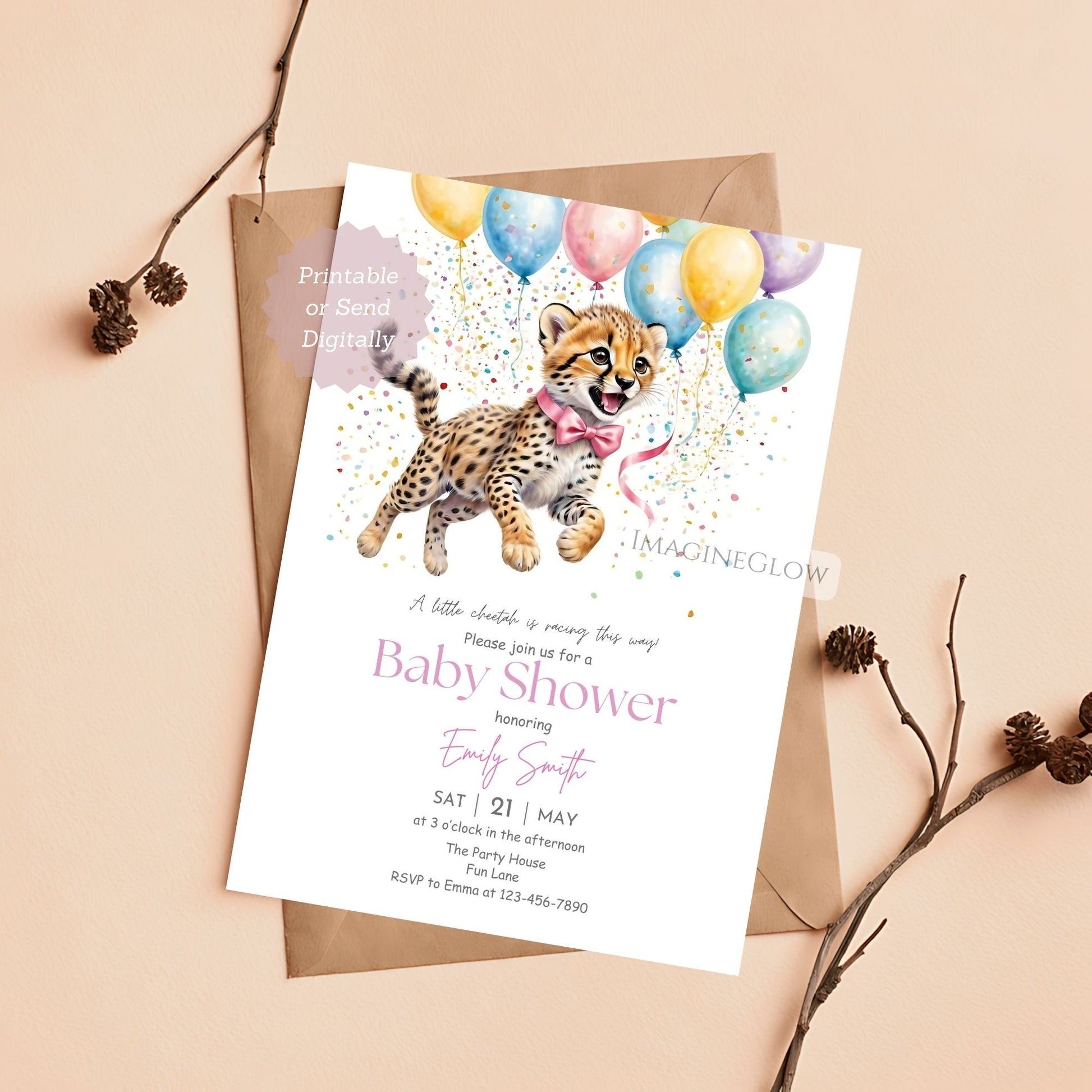 Cheetah themed baby girl invitation