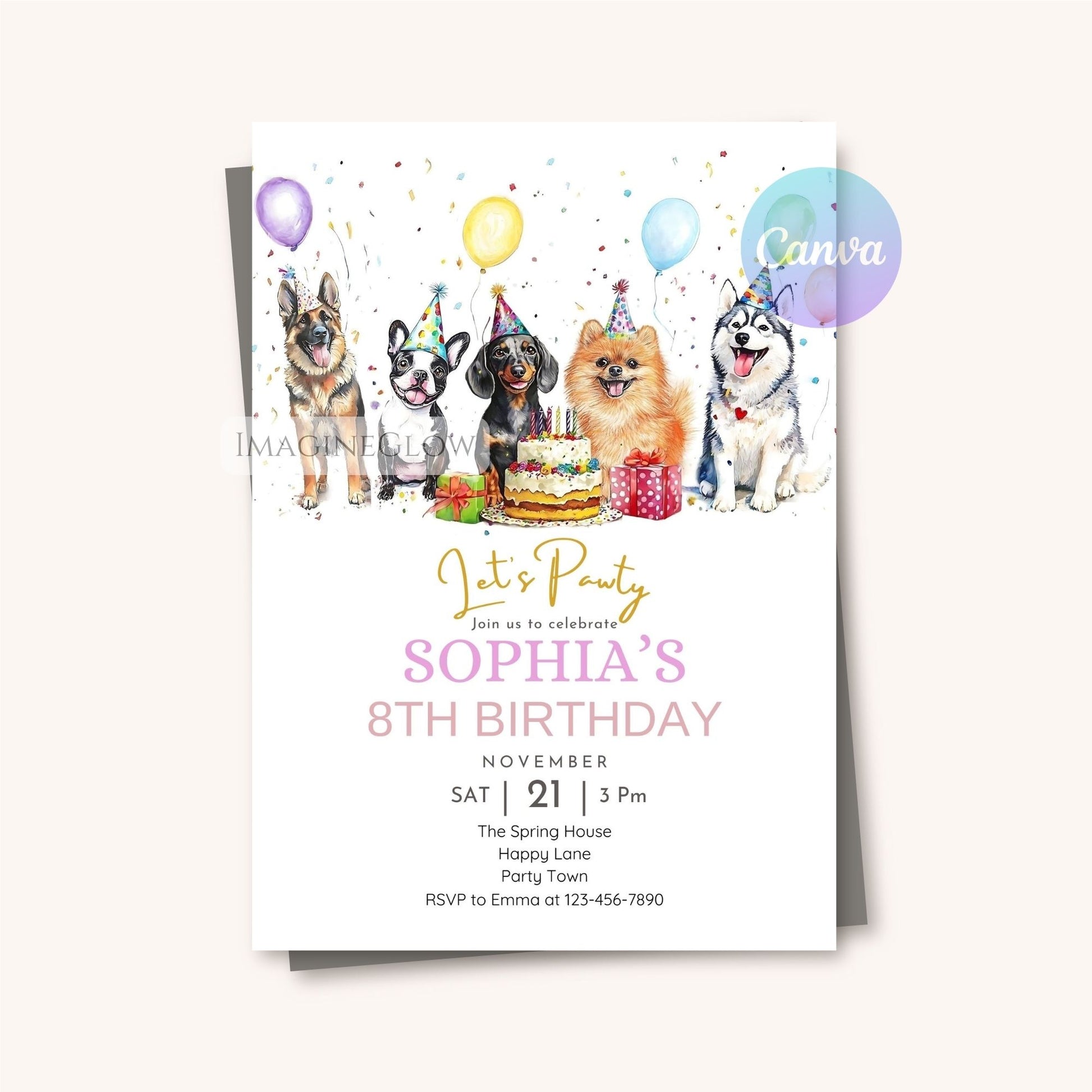 Cute Husky and Boston Terrier party invite design
Dog-themed birthday card with five illustrated dogs
Digital dog birthday invitation for dog lovers