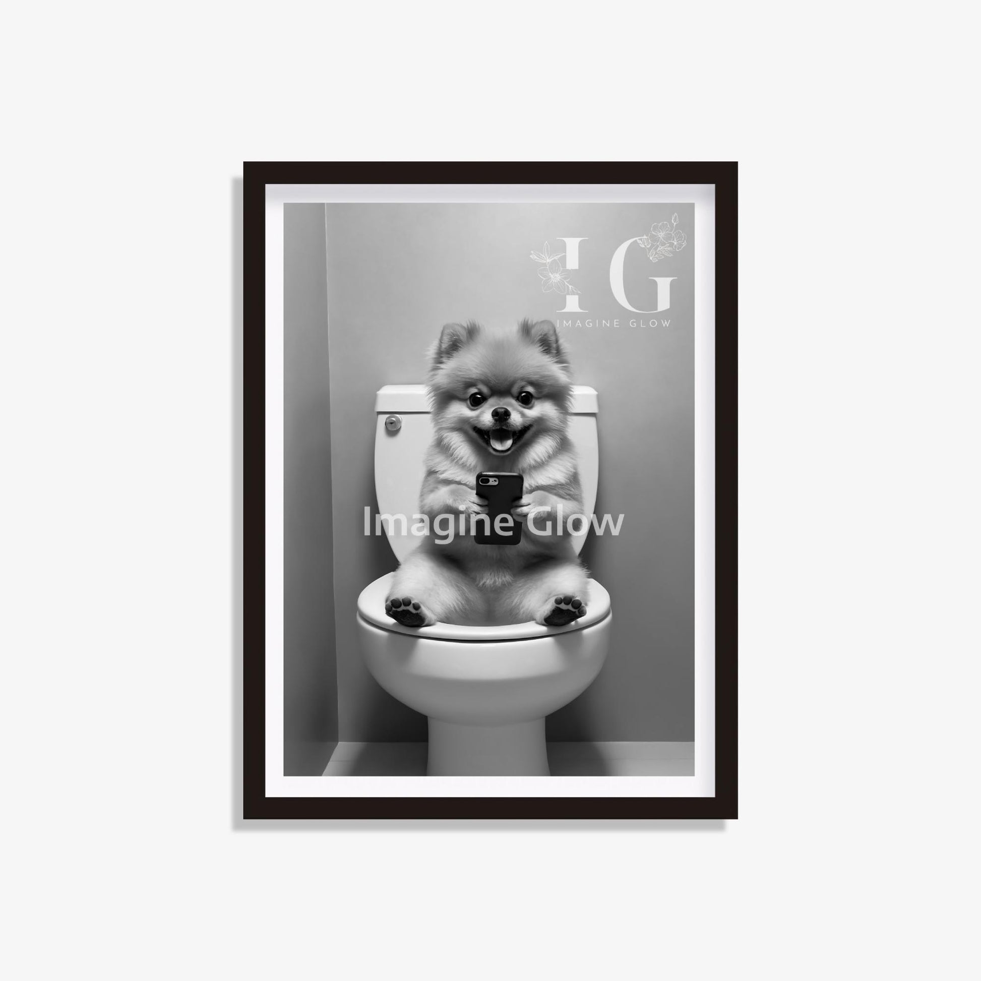 Pomeranian in toilet artwork printable with a humorous design