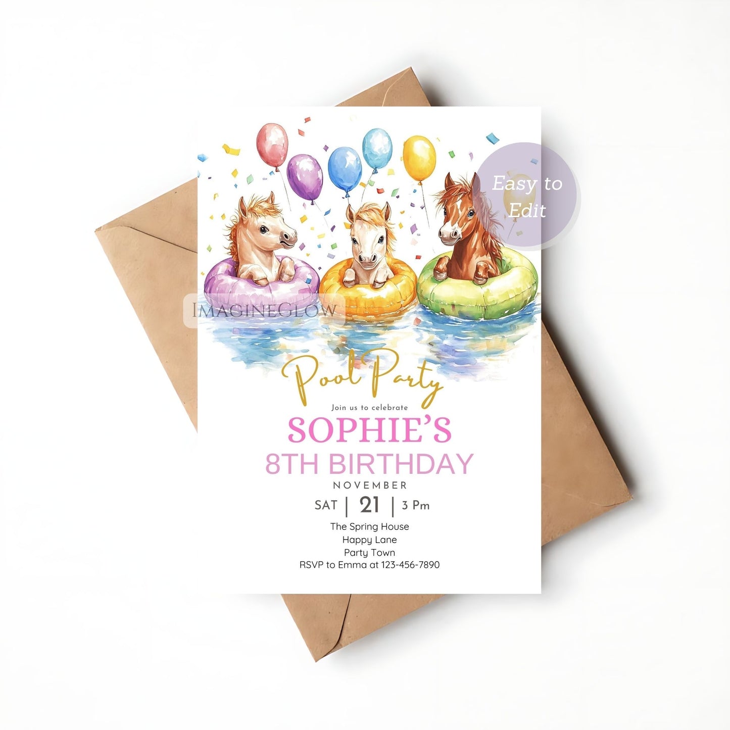 Swimming party invitation with horse design
Pony summer birthday card for girls