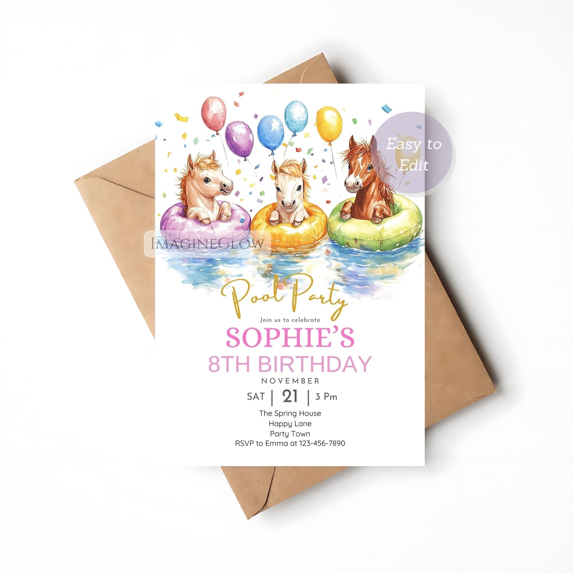 Swimming party invitation with horse design
Pony summer birthday card for girls