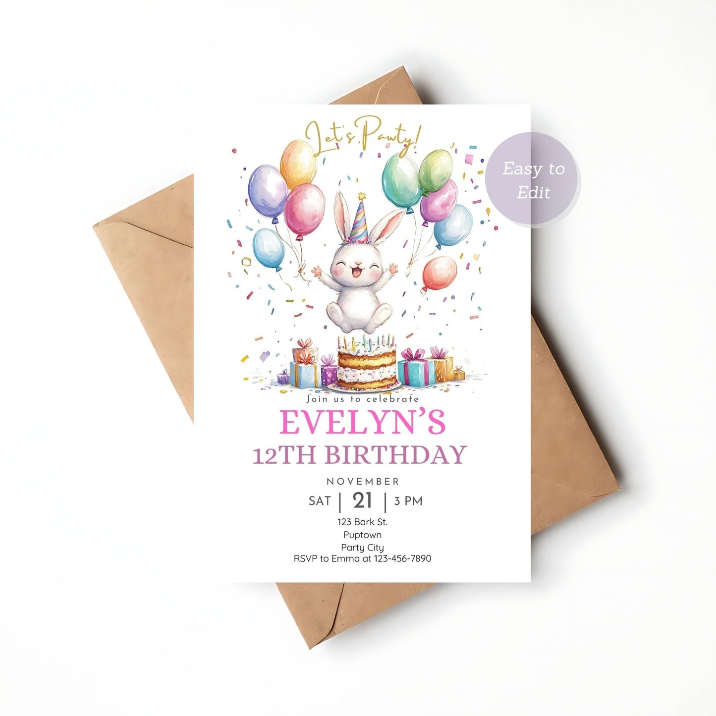 Soft pastel bunny birthday card, printable and customizable.