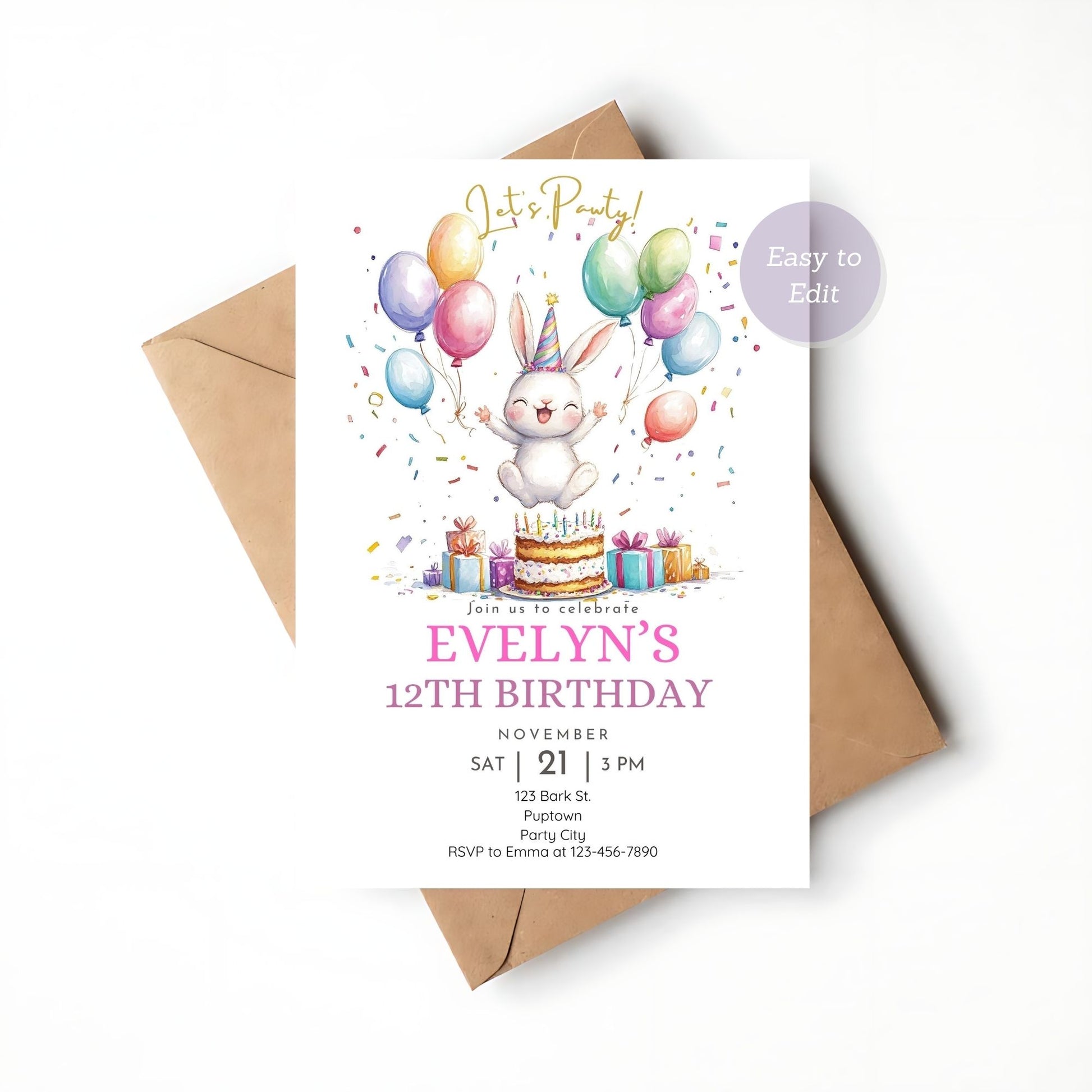 Soft pastel bunny birthday card, printable and customizable.