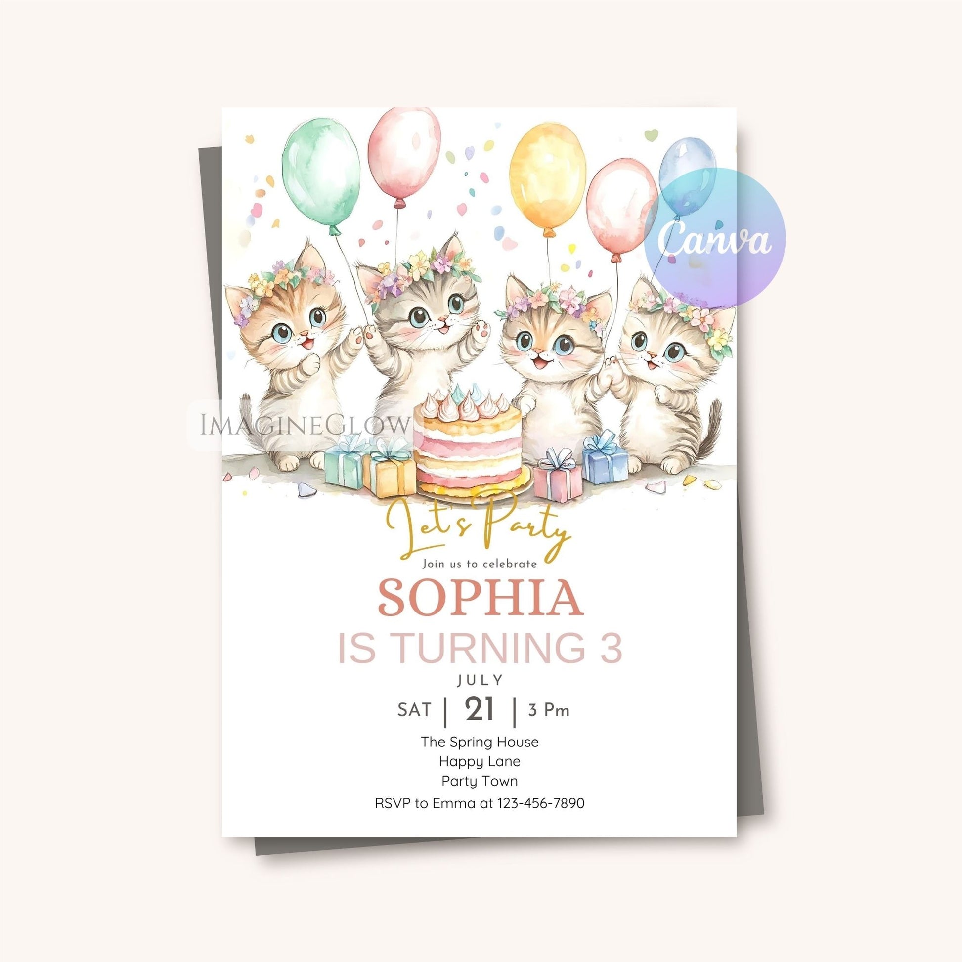 Whimsical kitten birthday invite