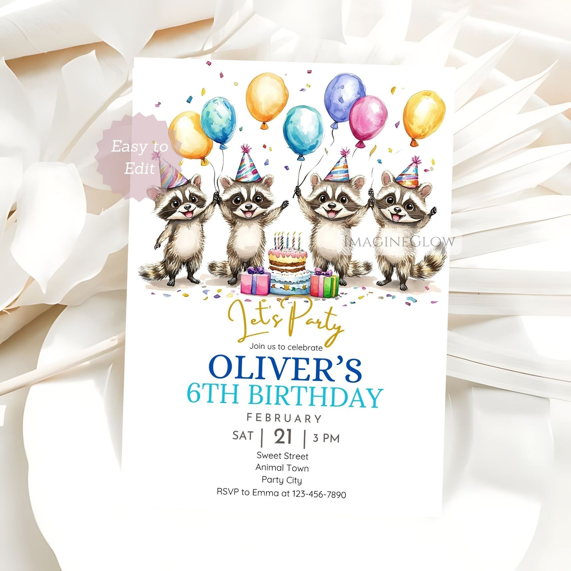 Digital raccoon birthday party invitation