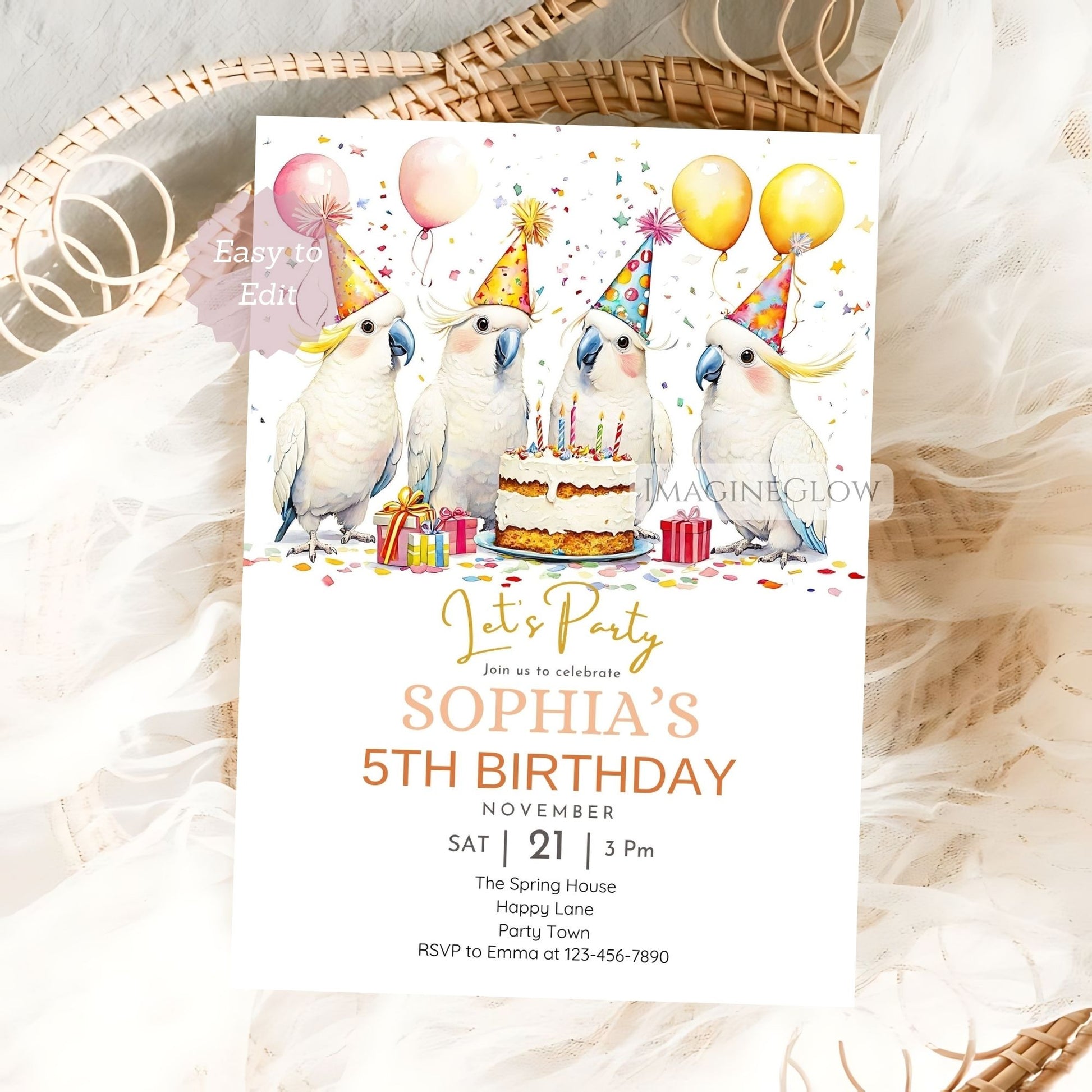 Printable cockatoo invitation for birthday
Bird-themed birthday invitation with cockatoo