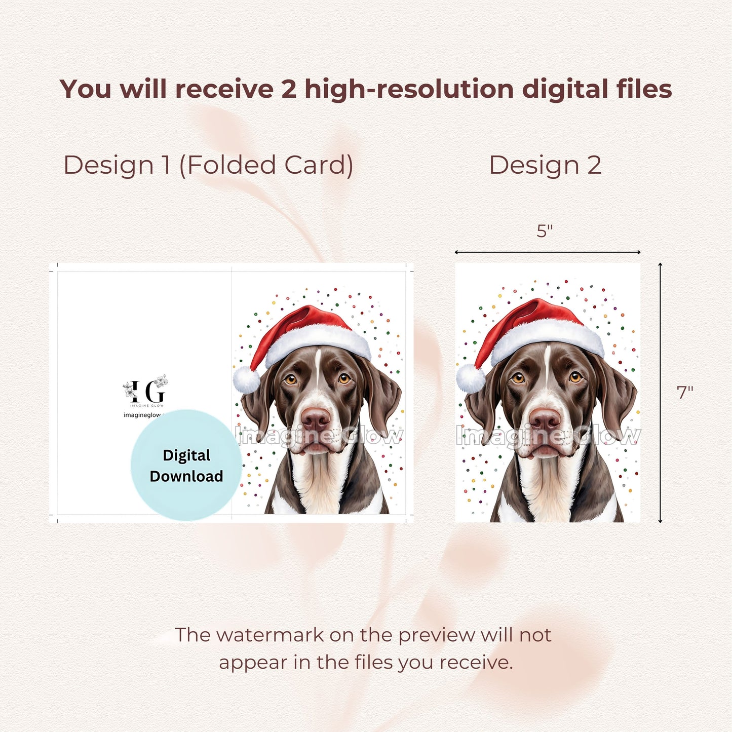 Printable Christmas card featuring a German Shorthaired Pointer dog in a festive design.
