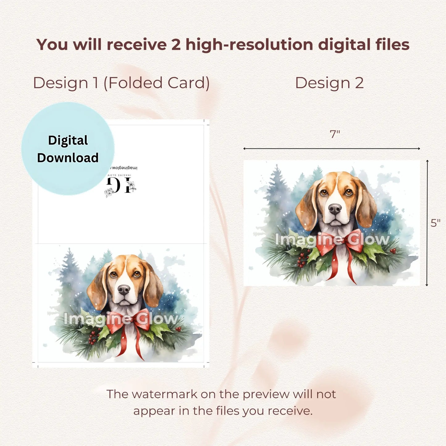 Printable Christmas greeting card with a Beagle design.