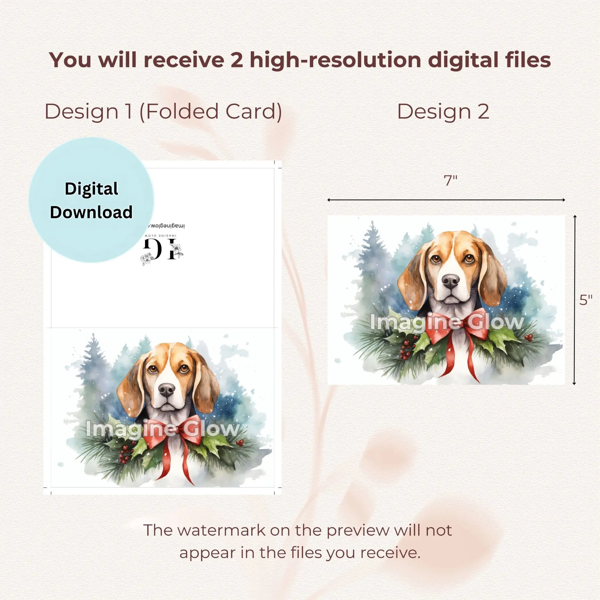 Printable Christmas greeting card with a Beagle design.