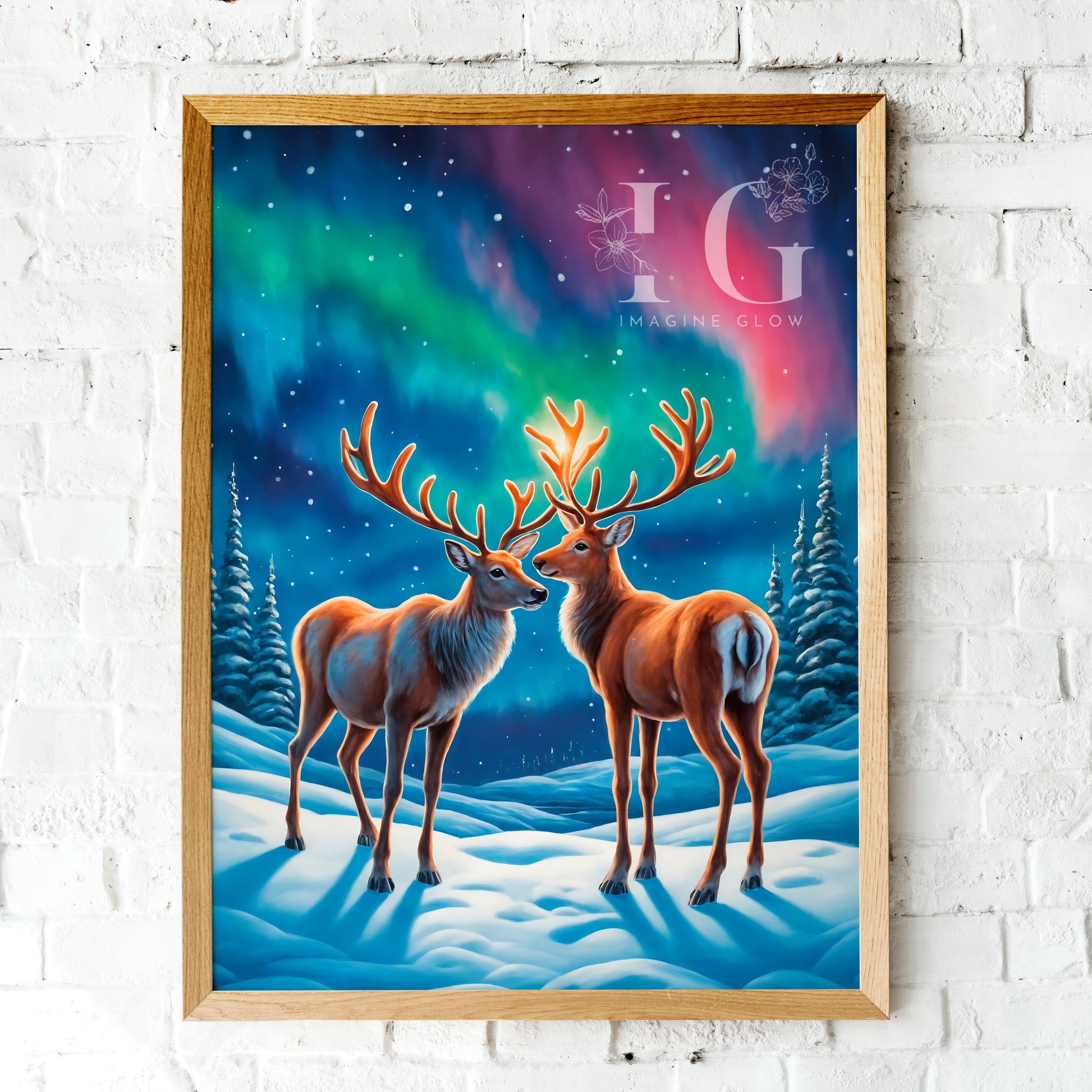 Printable Reindeer Wall Art with Aurora Borealis Scenery