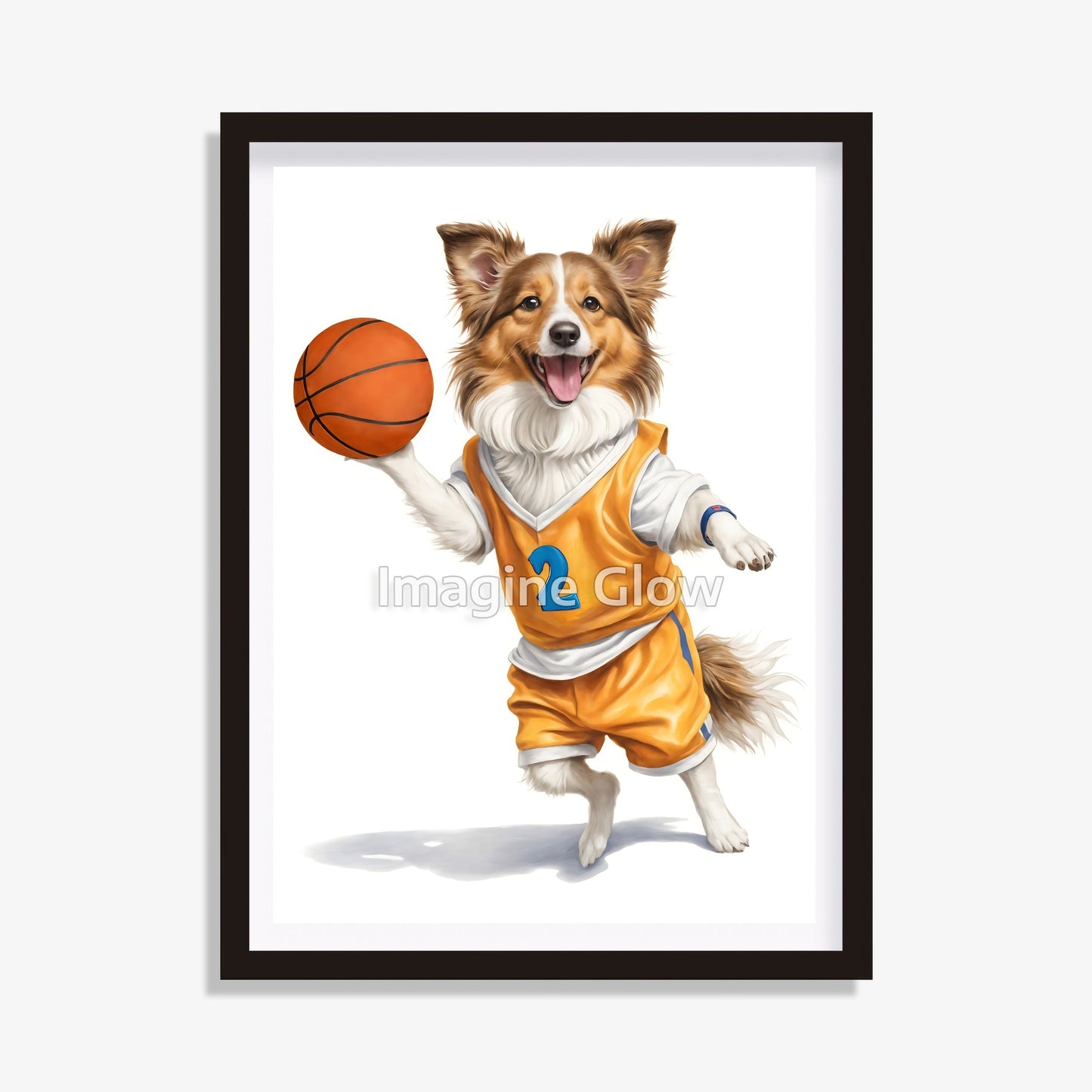 Printable Rough Collie basketball art, perfect for dog and sports fans.