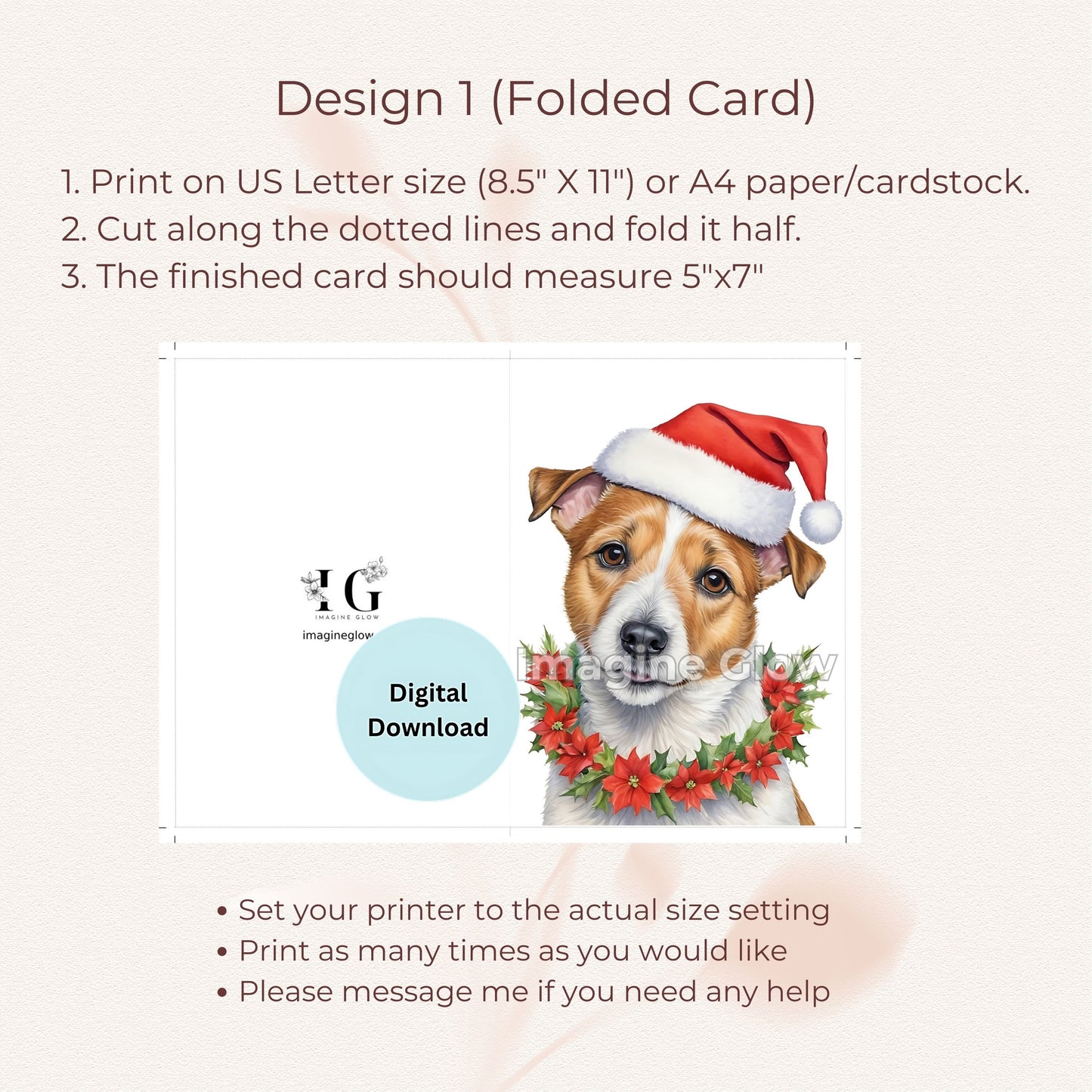 Printable Russell Terrier Christmas card perfect for holiday wishes.