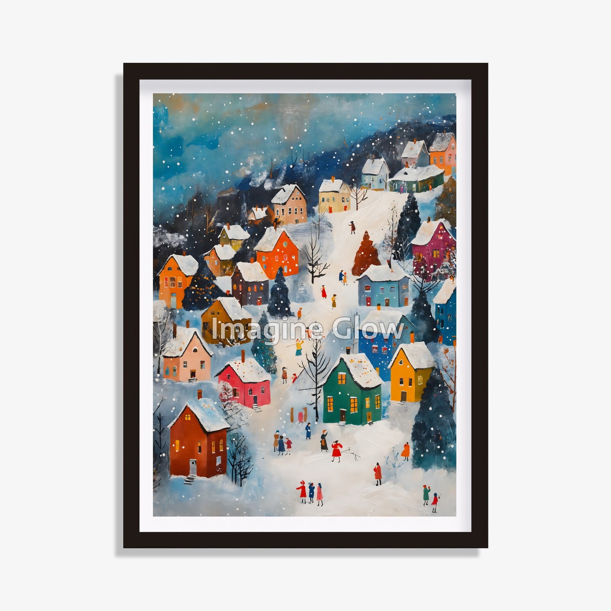 Printable Snowy Christmas Village Art for cozy holiday wall decoration.