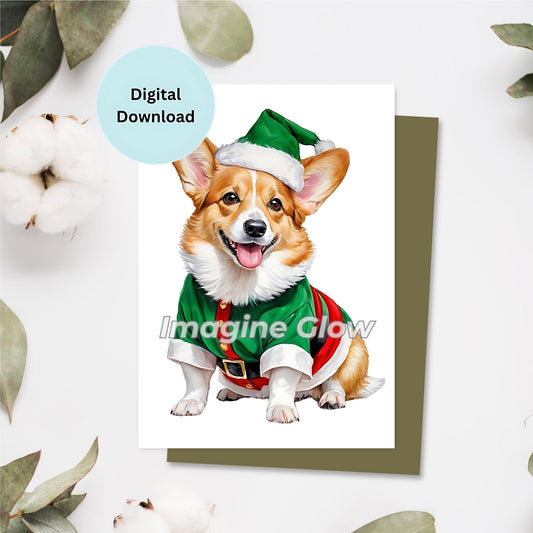 Printable Welsh Corgi dog Christmas card perfect for Christmas greetings.
