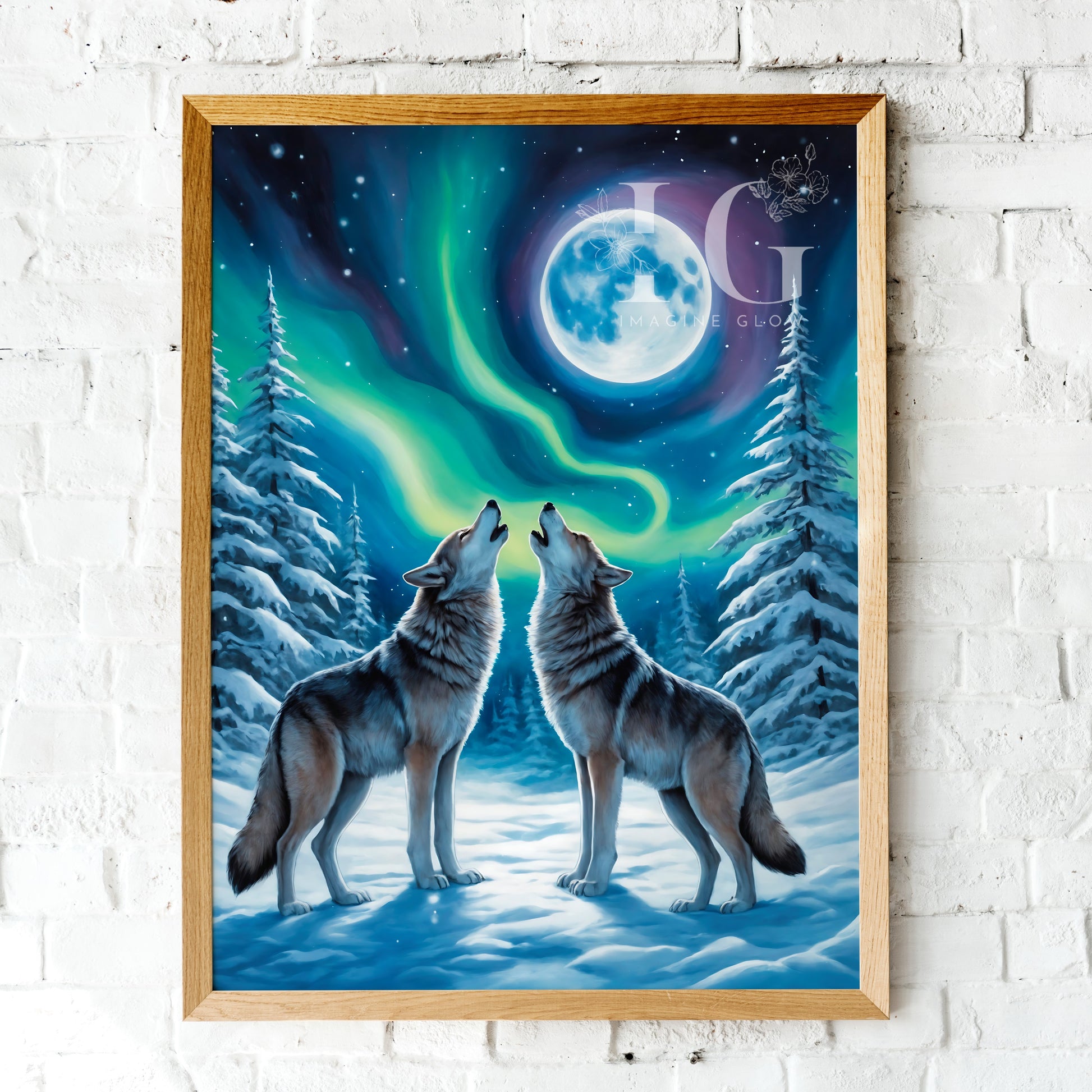 Printable Wolf Wall Art with Aurora Borealis Scenery