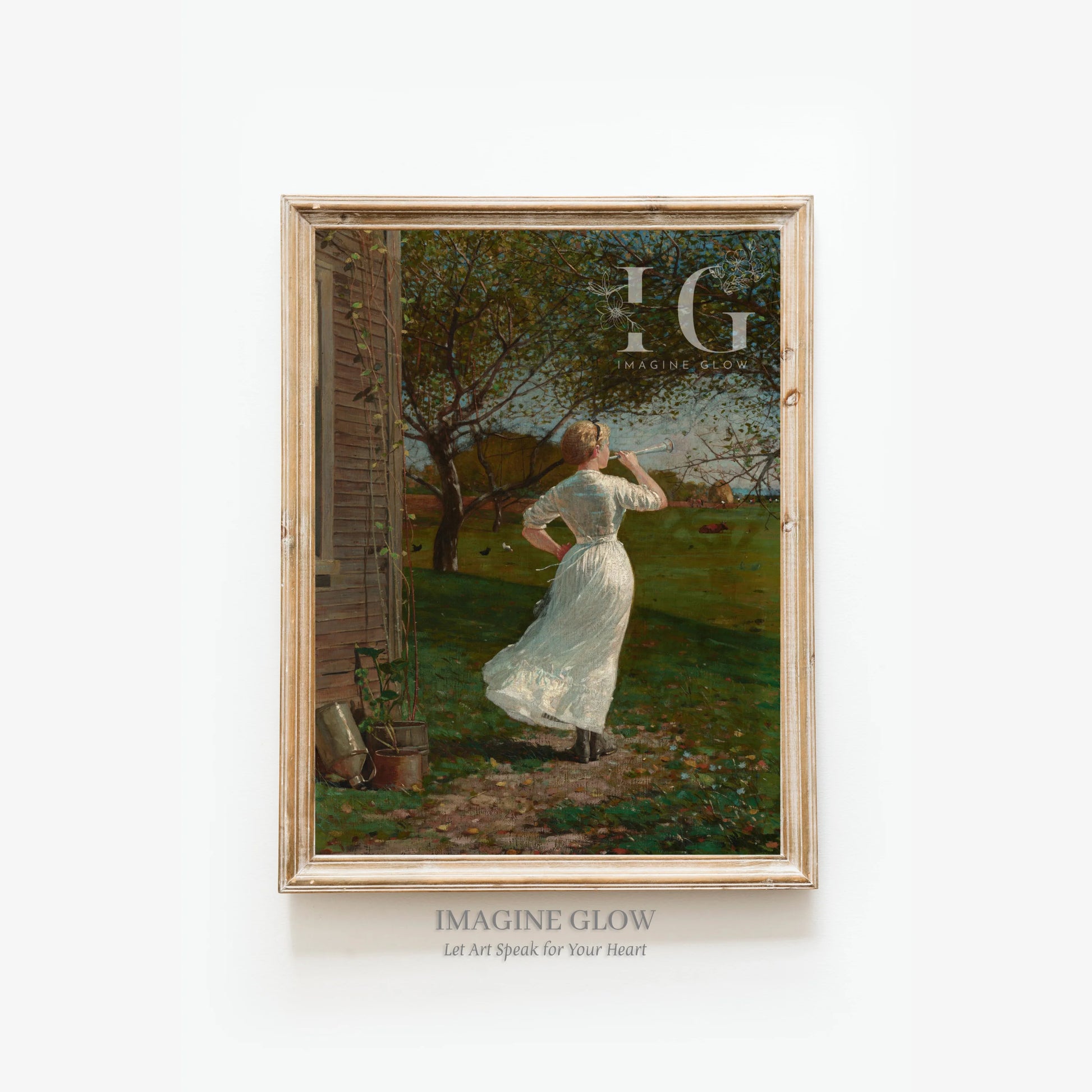 Printable antique art of a lady blowing horn on a lawn