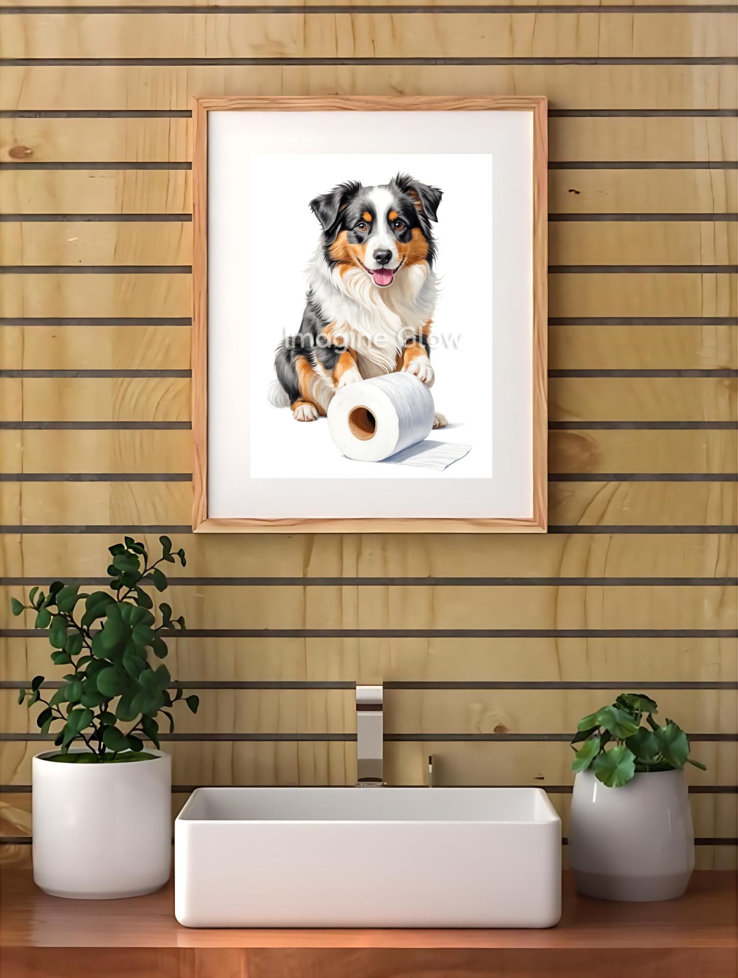 Printable bathroom art of an Australian Shepherd dog in toilet, ready to download.