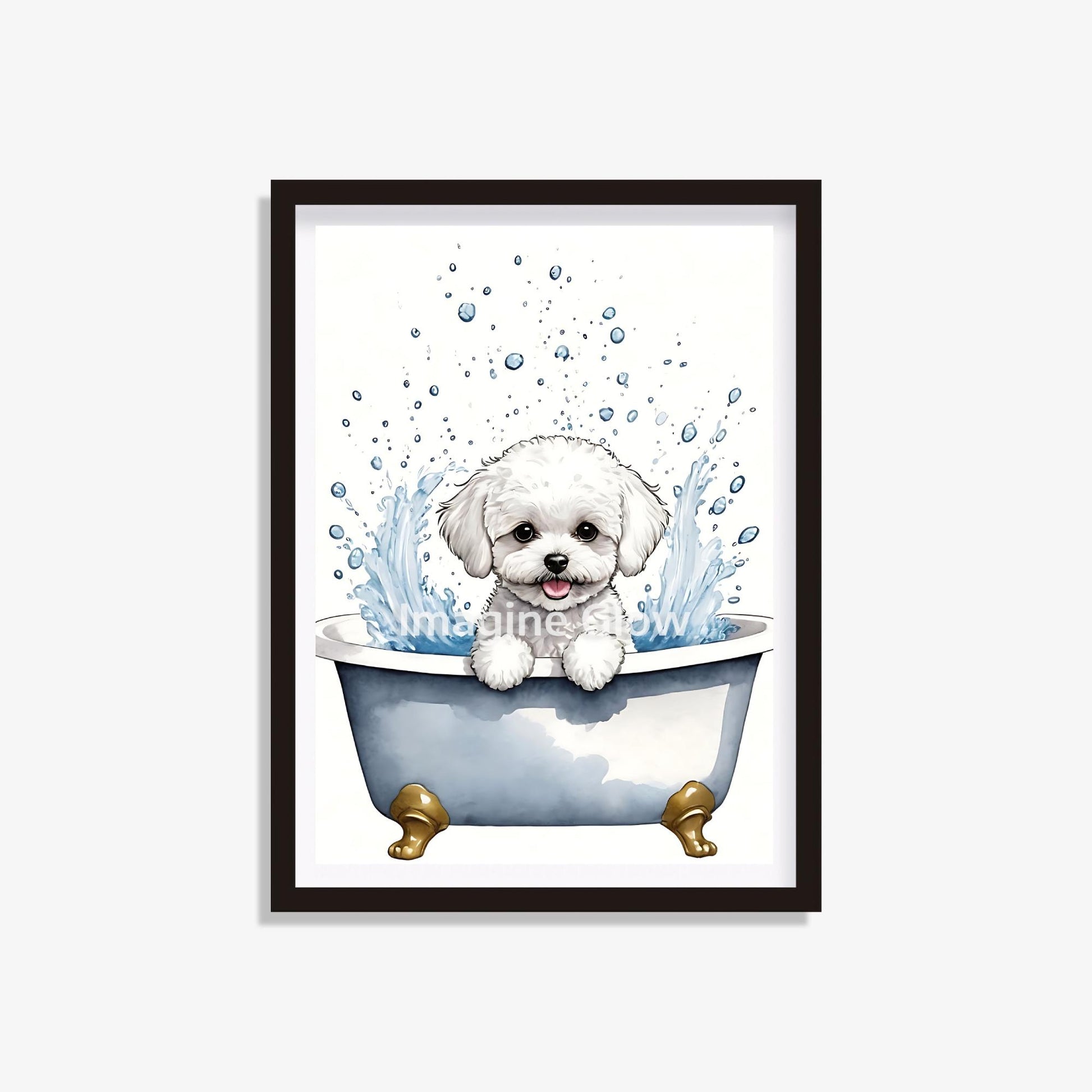 Printable bathroom wall art featuring a Bichon Frise dog in the bathtub.