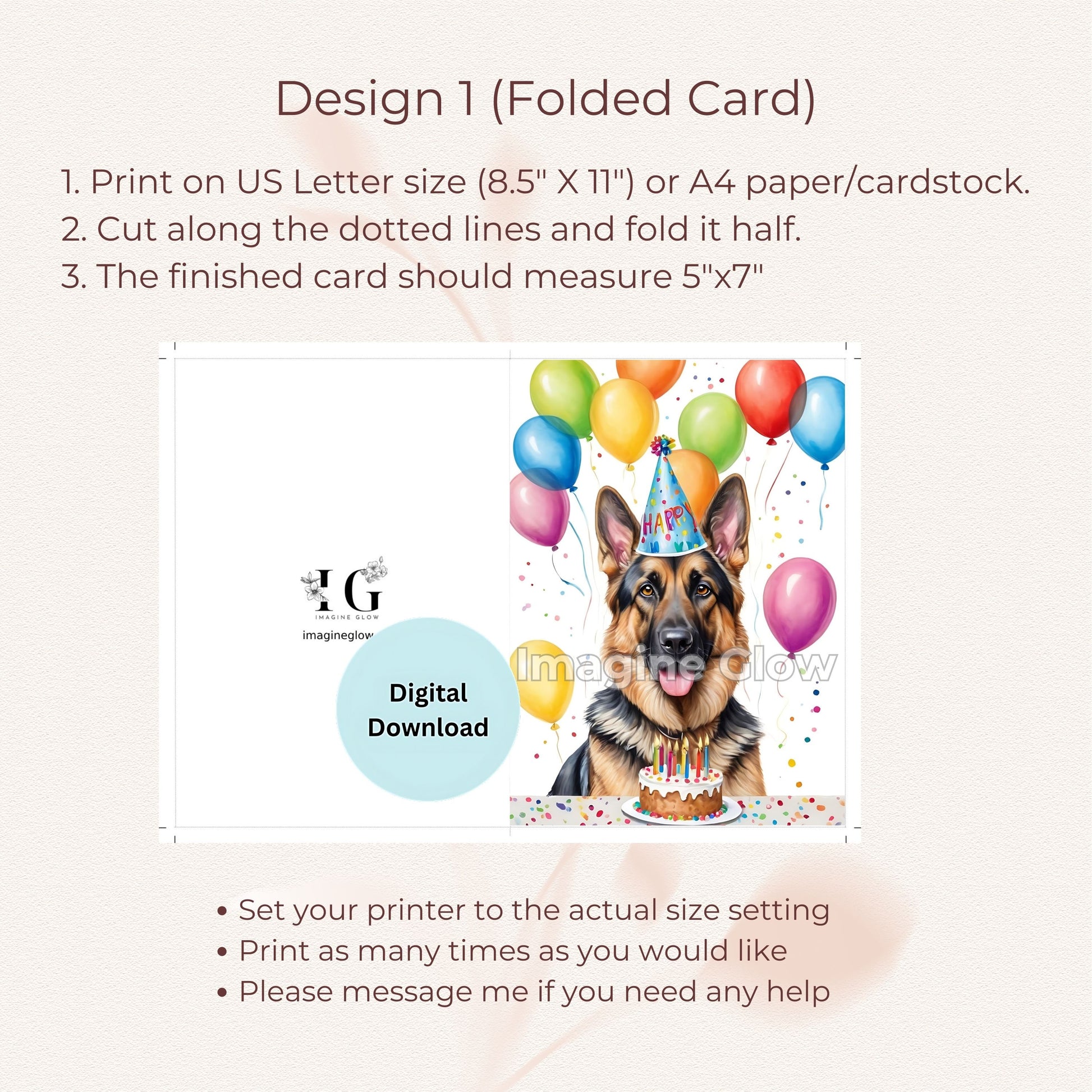 Printable birthday card featuring a German Shepherd for dog lovers.