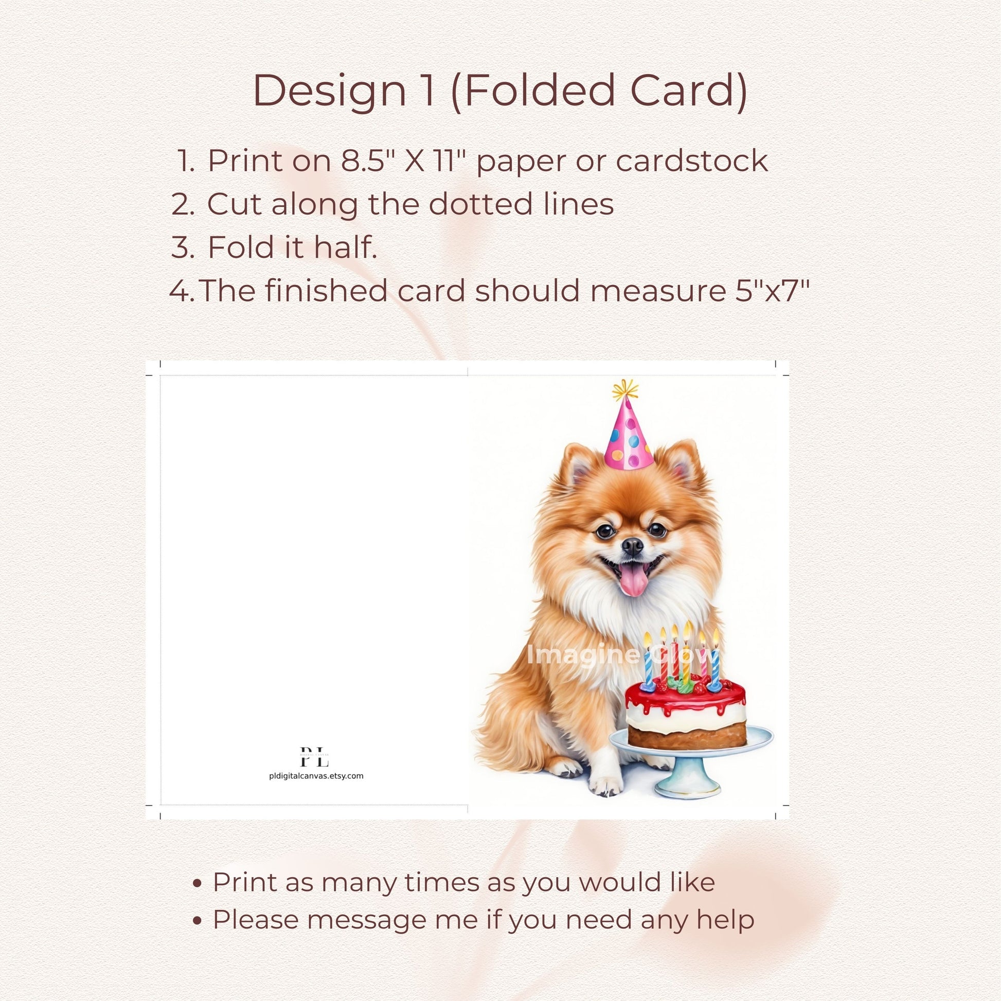 Printable birthday card featuring a Pomeranian dog for dog lovers