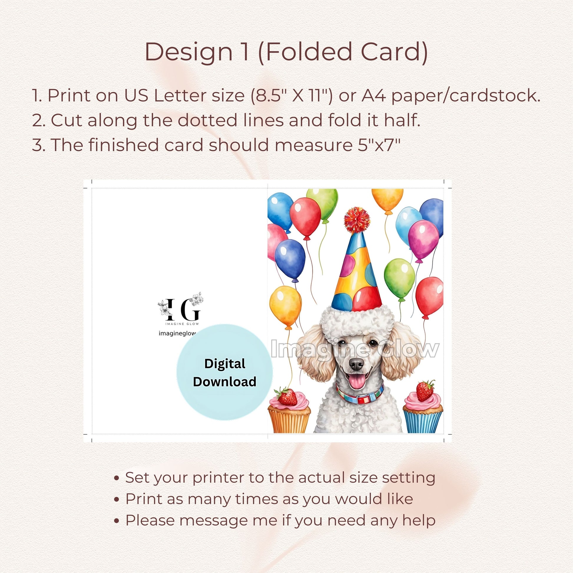 Printable birthday card featuring a Poodle dog for dog lovers.