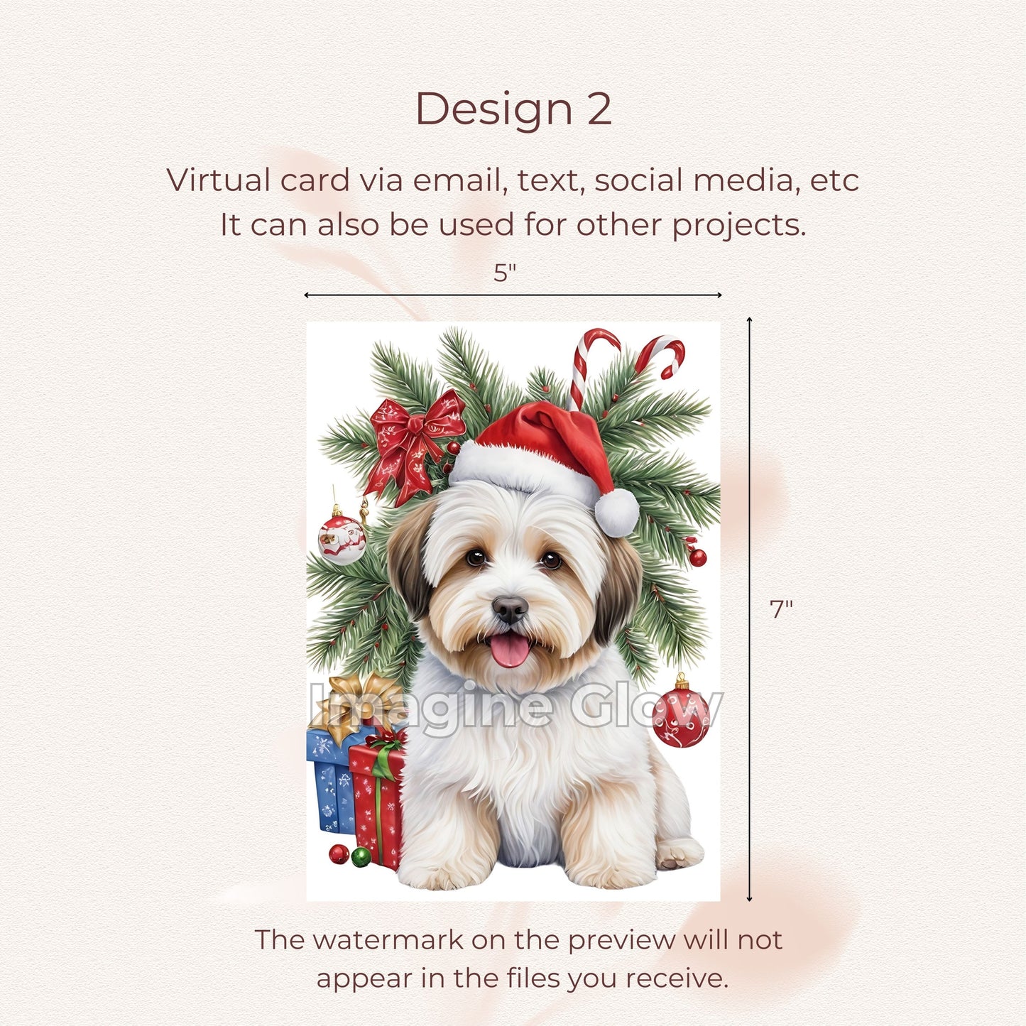 Printable dog Christmas card featuring a Havanese in a festive setting.
