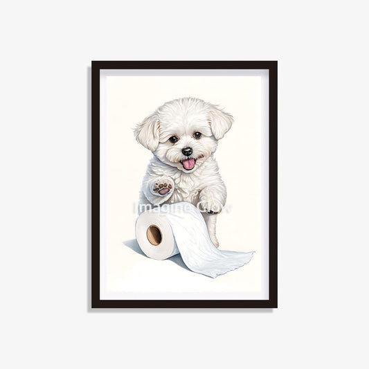 Printable funny bathroom wall decor featuring a Bichon Frise dog in the