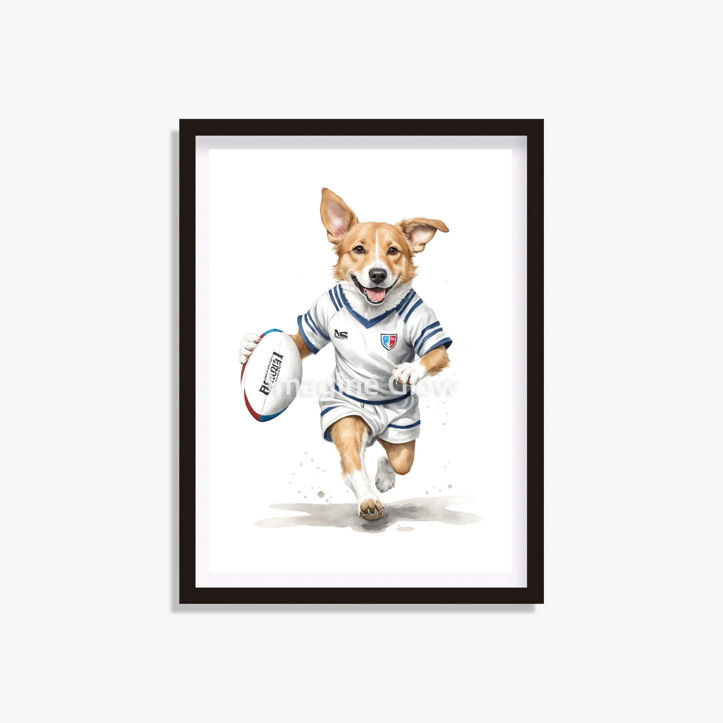 Printable funny dog rugby costume art for sports and pet lovers.