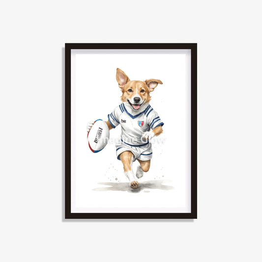 Printable funny dog rugby costume art for sports and pet lovers.