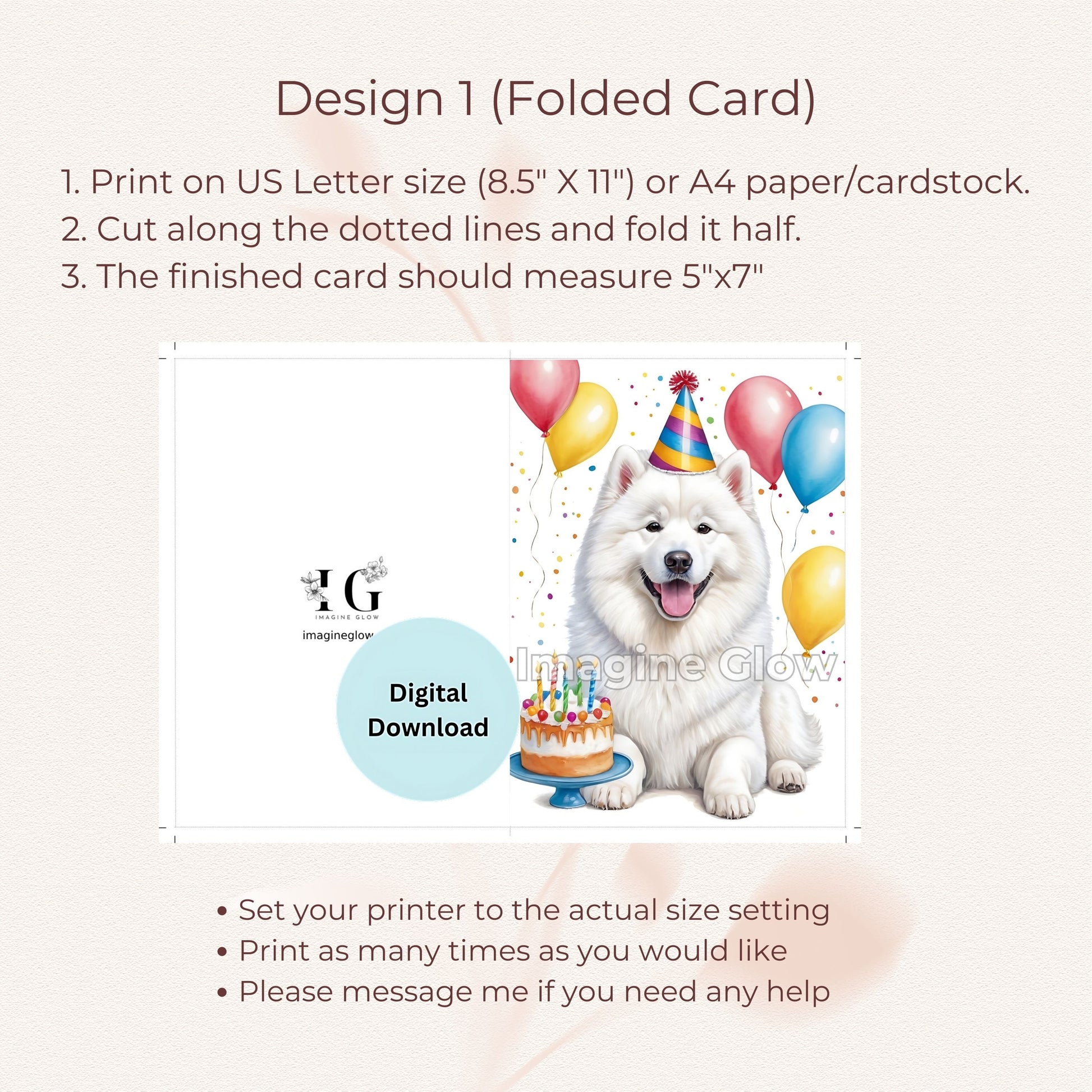 Printable greeting card with a Samoyed dog illustration for birthdays.