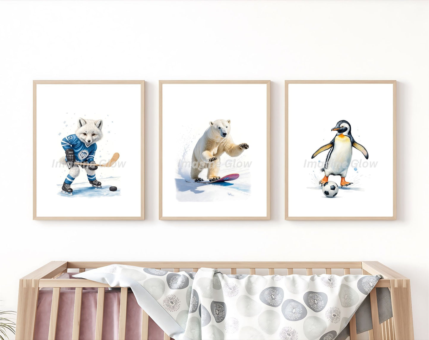 Printable nursery wall art featuring a set of 3 cute winter animals.