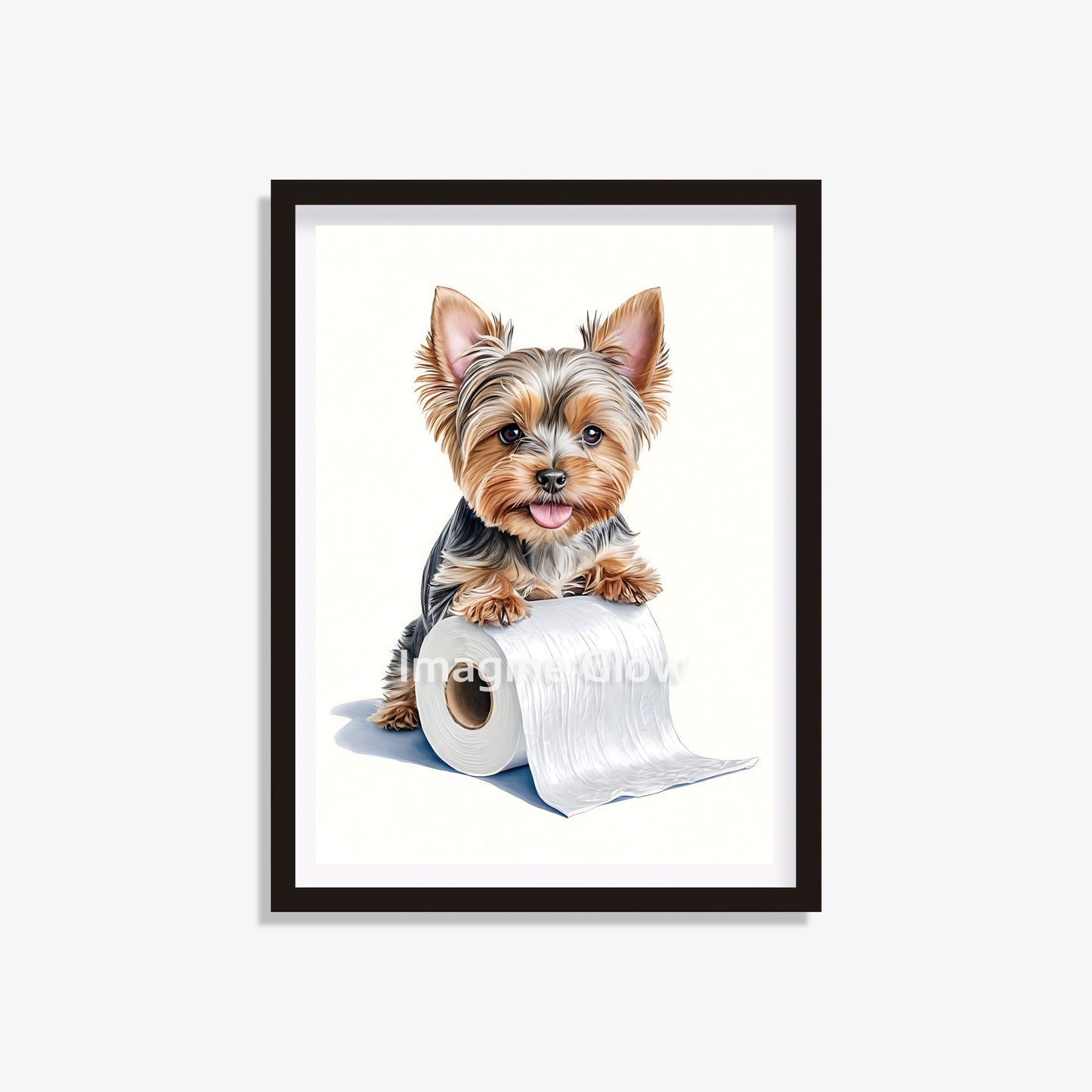 Printable wall art of a Yorkshire Terrier dog in a playful toilet scene