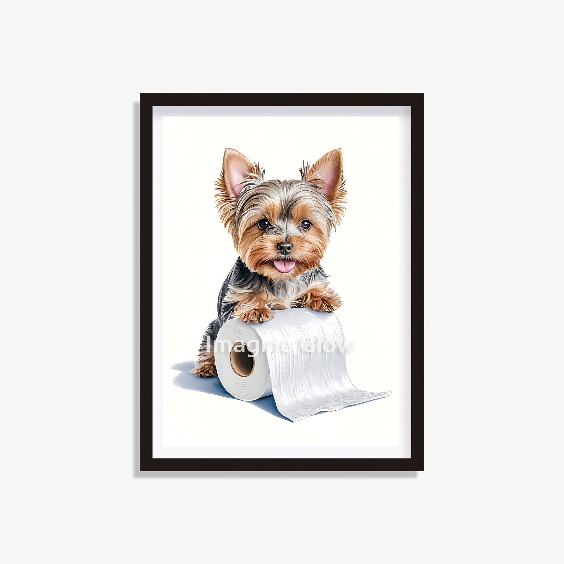 Printable wall art of a Yorkshire Terrier dog in a playful toilet scene