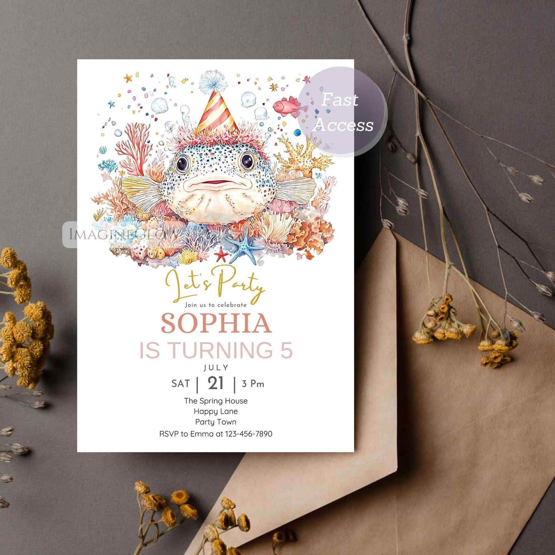 Printable pufferfish party card
Fun pufferfish design for kids birthday