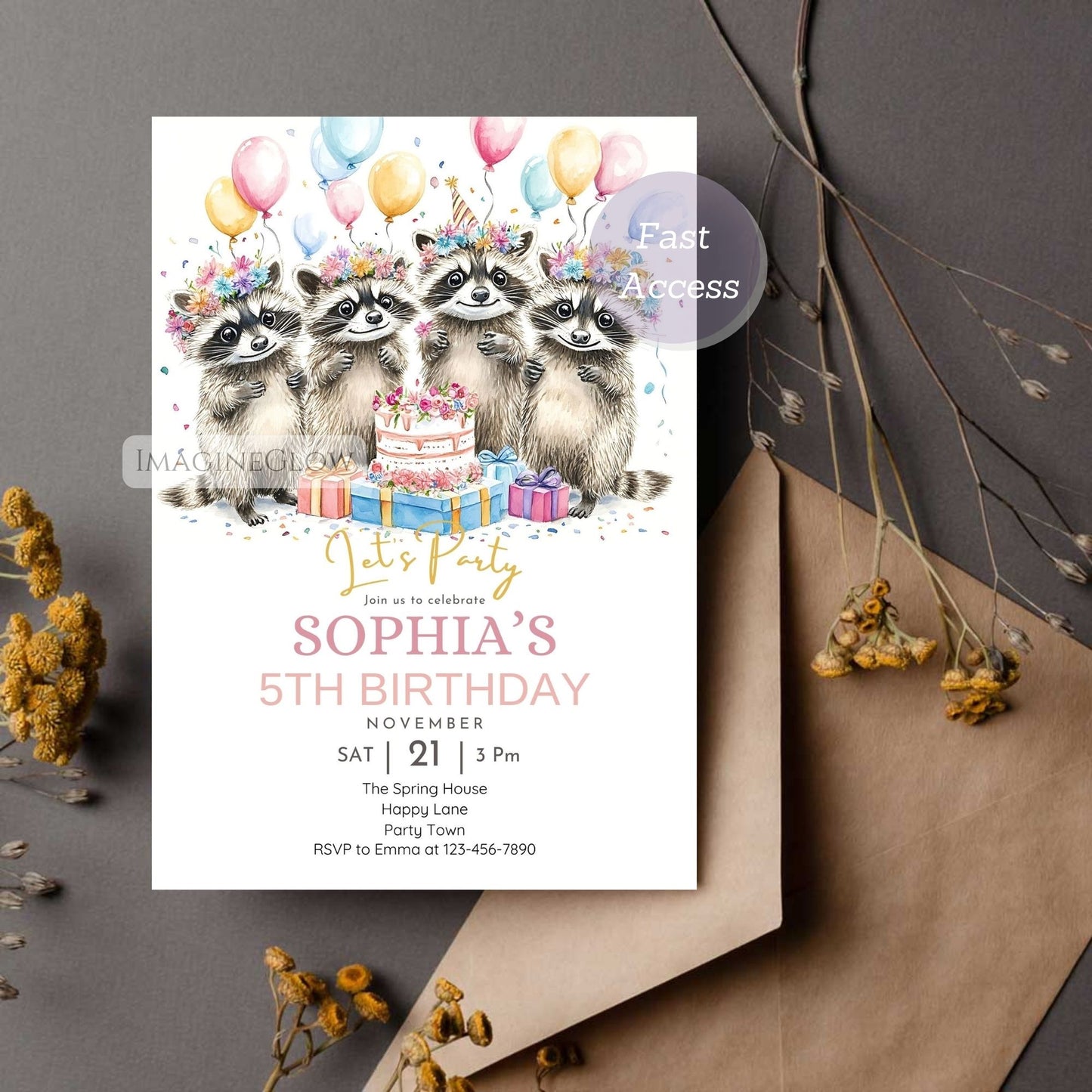 Rustic raccoon birthday digital download