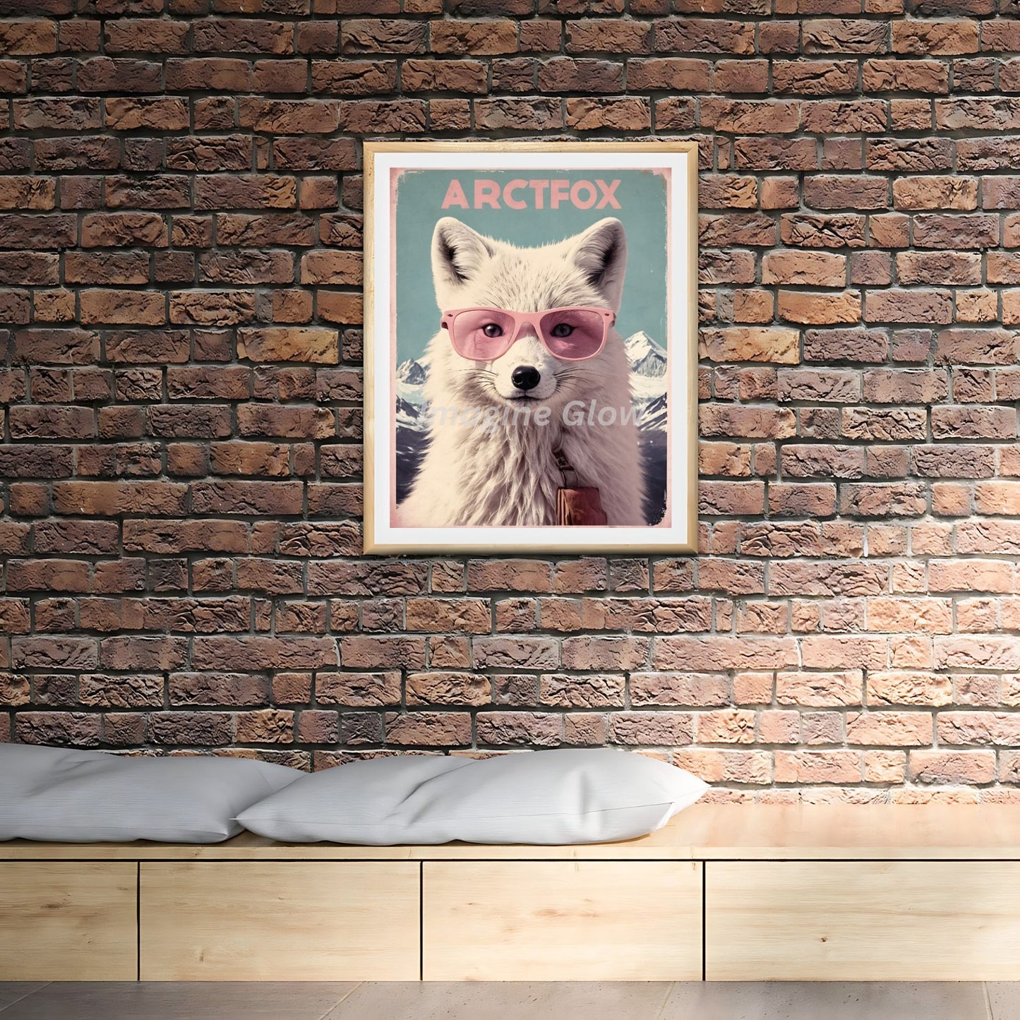 Retro travel poster featuring an arctic fox with glasses, ready to print.