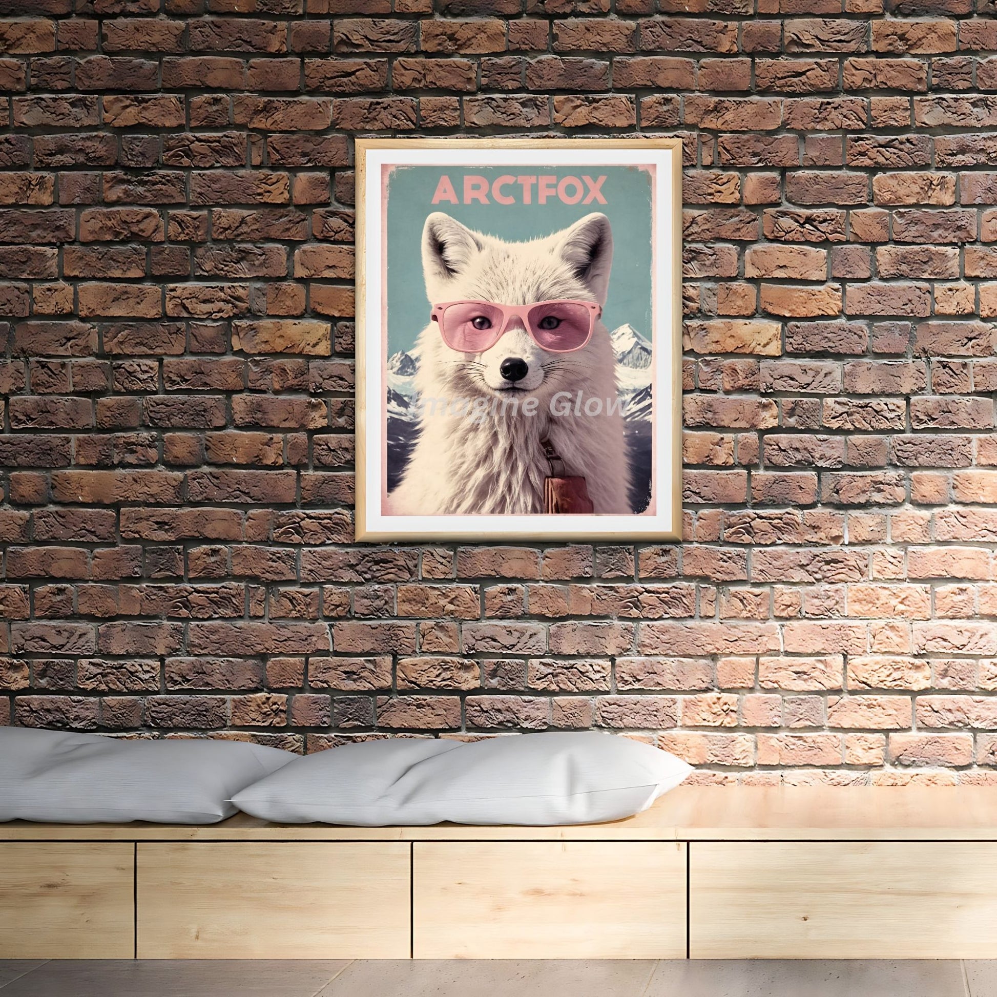 Retro travel poster featuring an arctic fox with glasses, ready to print.
