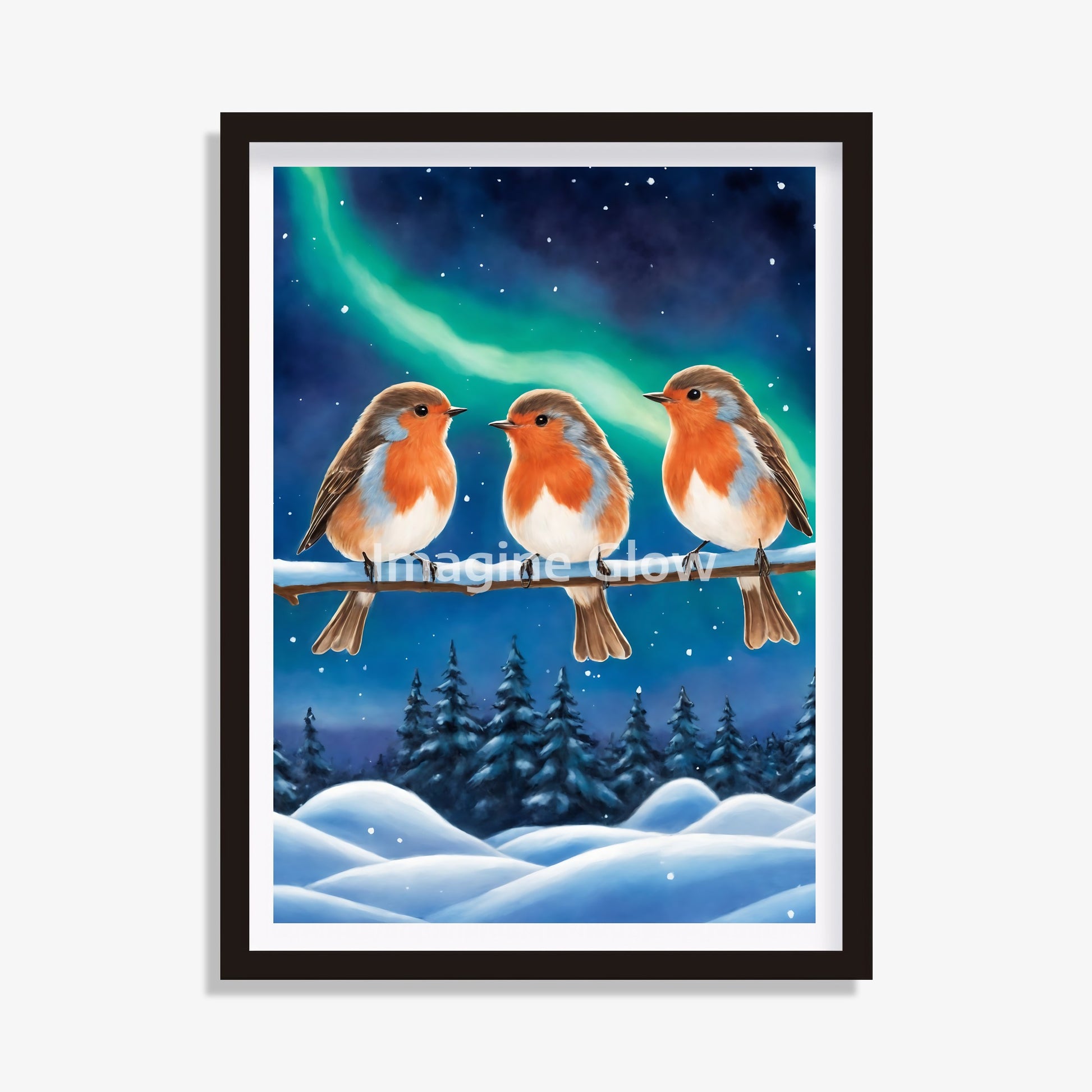 Robin perched under the Aurora Borealis - Animal Wall Art.