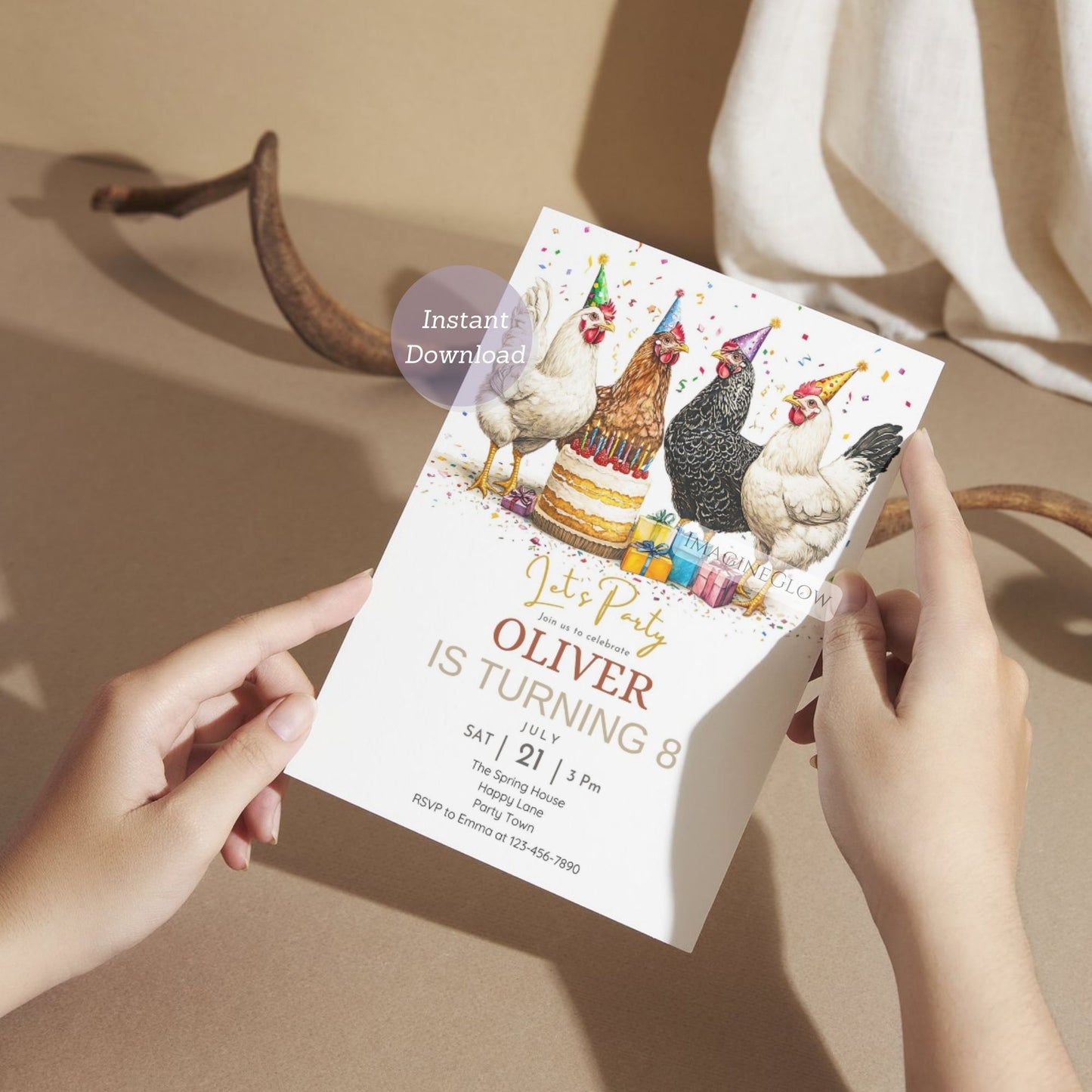 Chicken and barn illustration party invitation