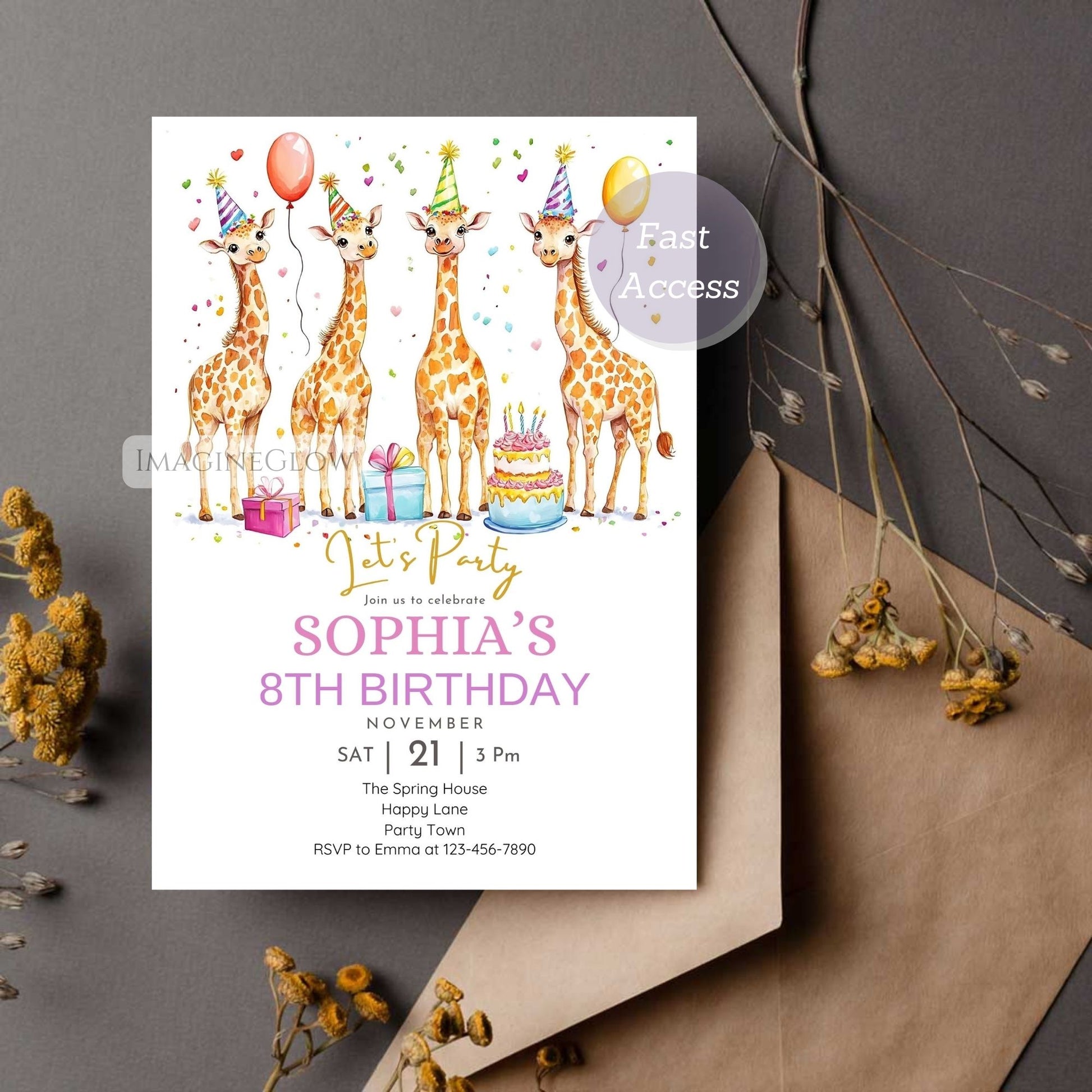 Cute giraffe birthday card with tropical leaves