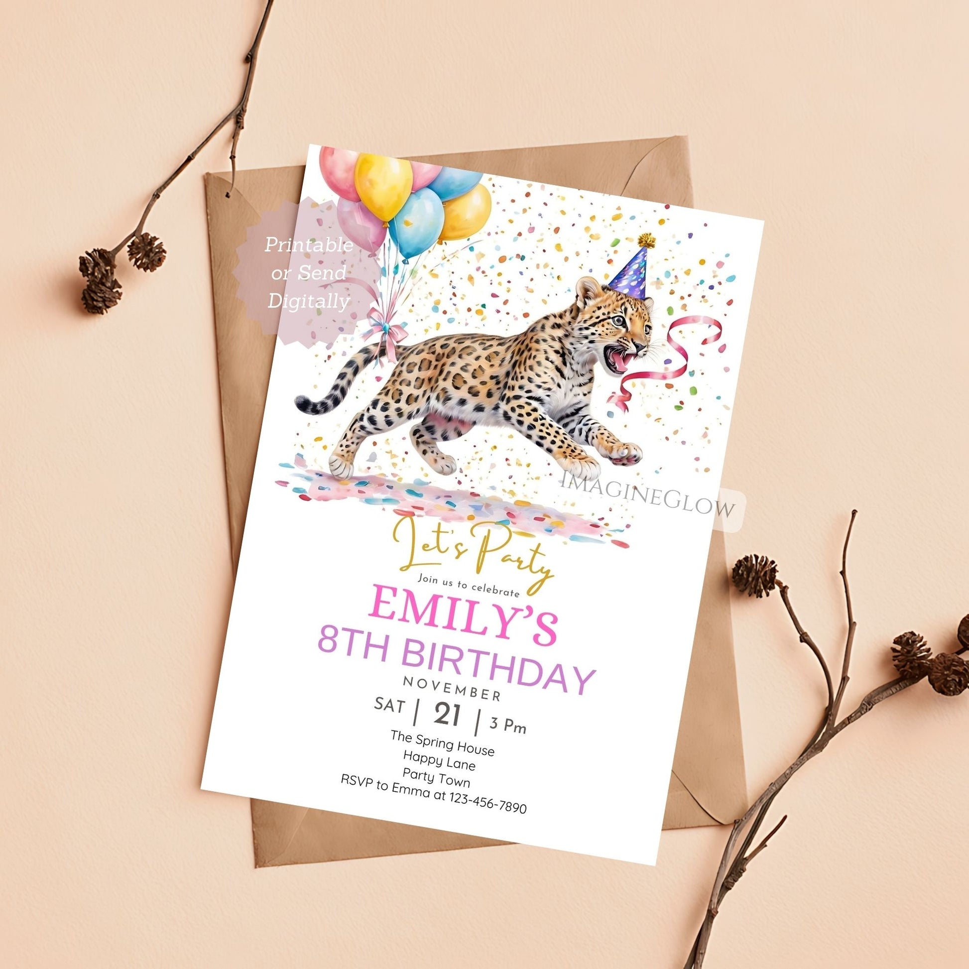 Jungle animal birthday invite featuring leopard