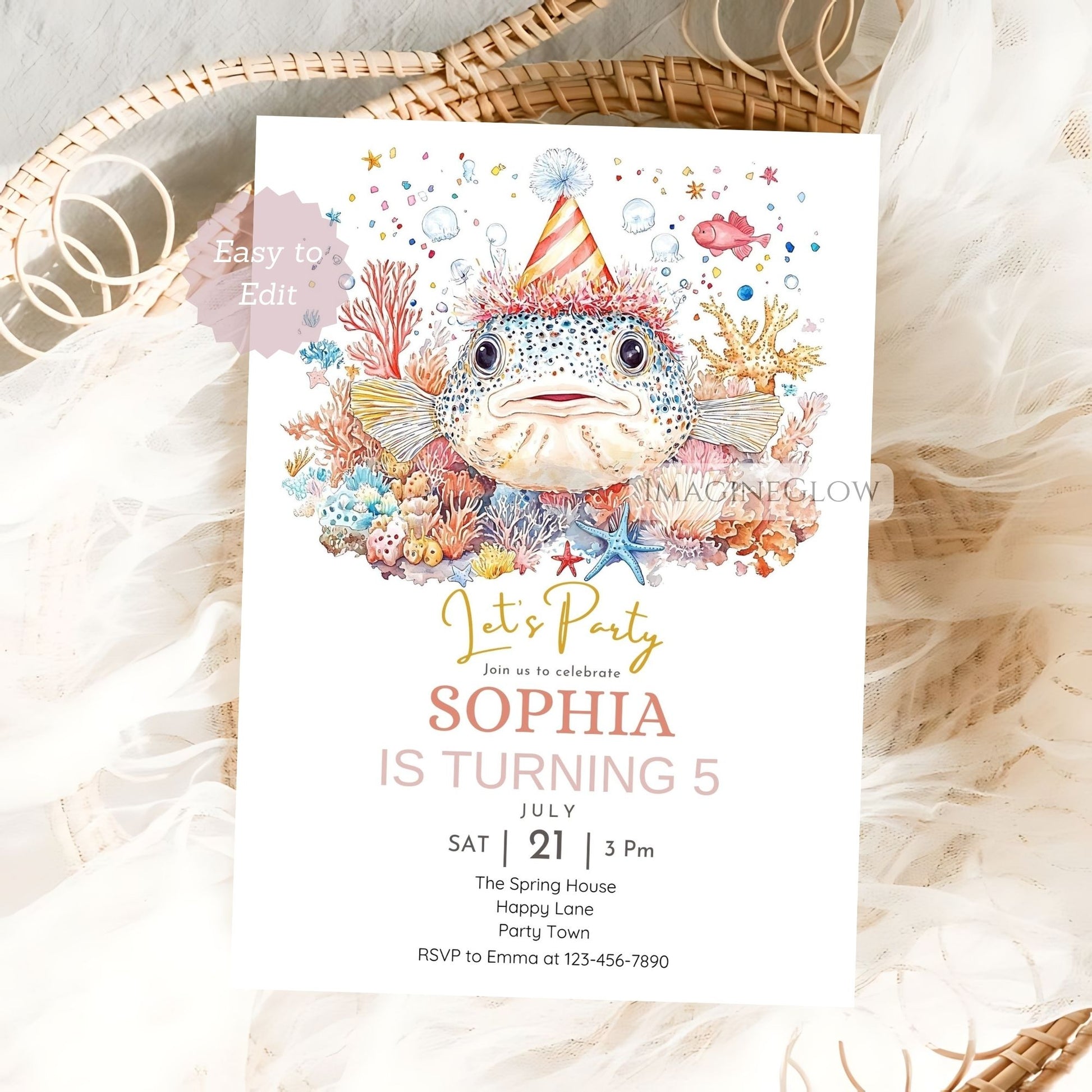 Customizable pufferfish invite for ocean party