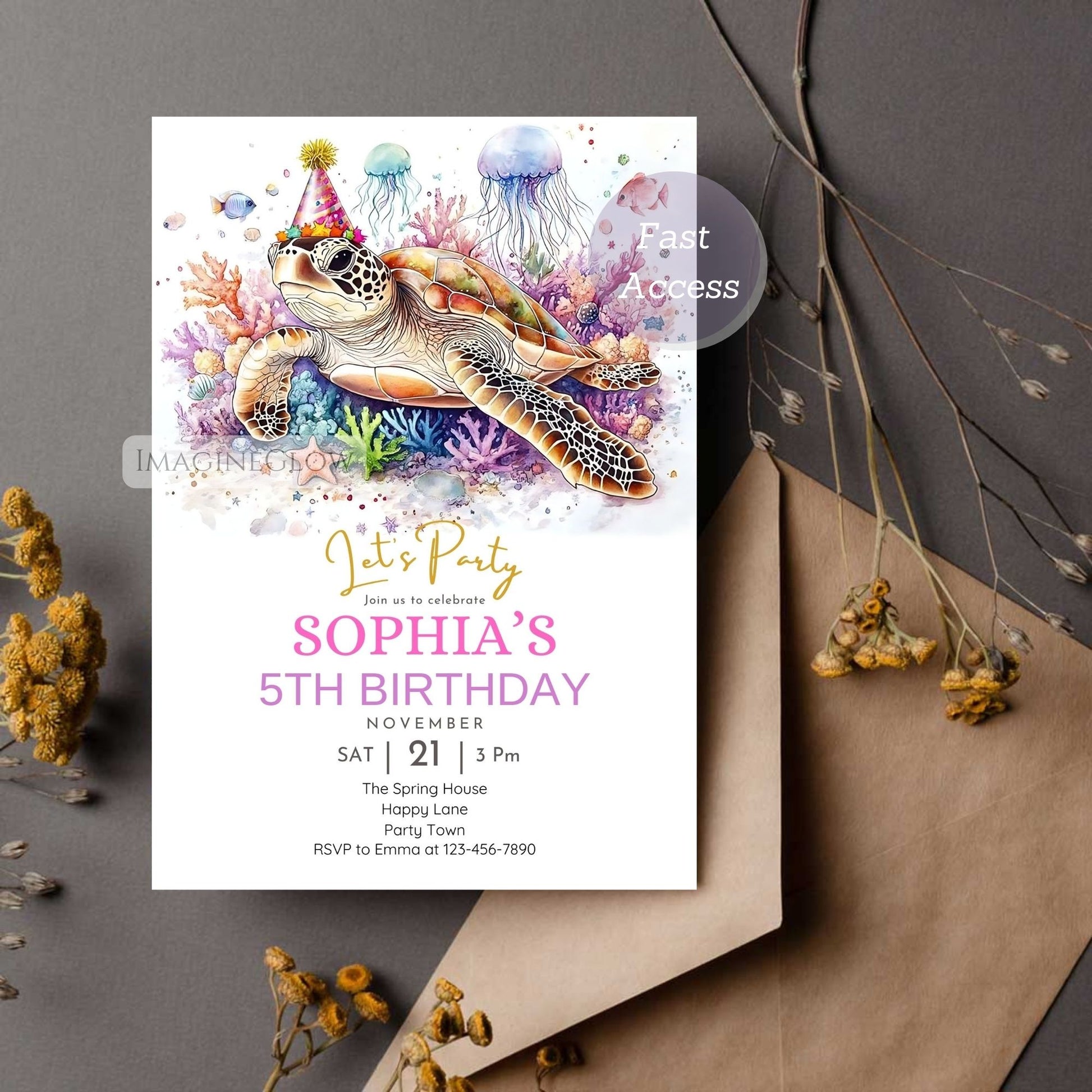 Under the sea party invitation with turtle