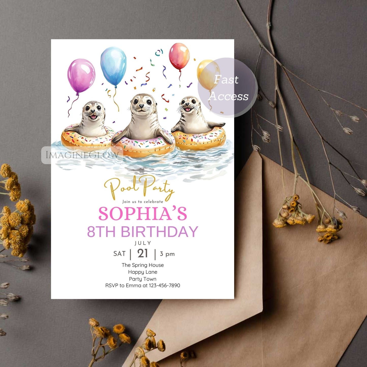 Seal Pool Party Birthday Invitation - Cute Ocean Animal Summer Party Invite