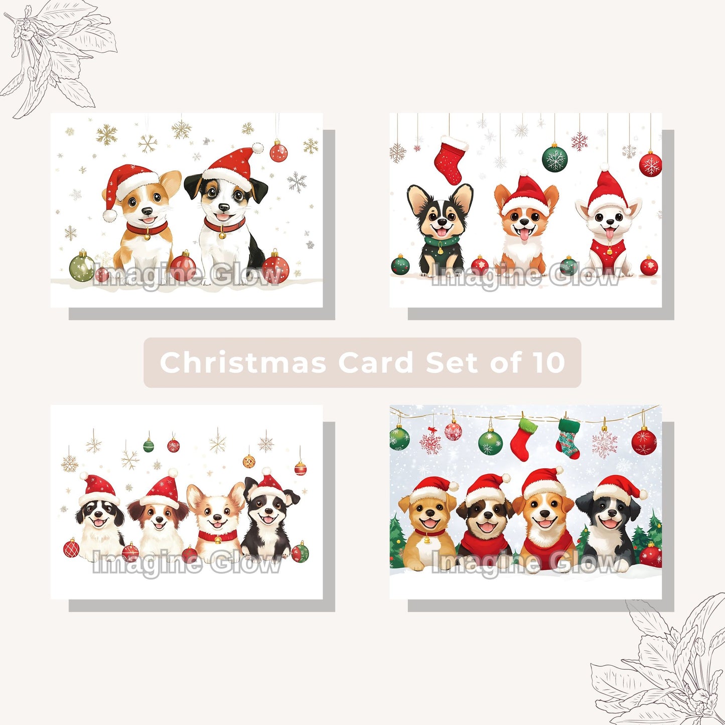 Set of 4 printable dog Christmas cards with festive designs.