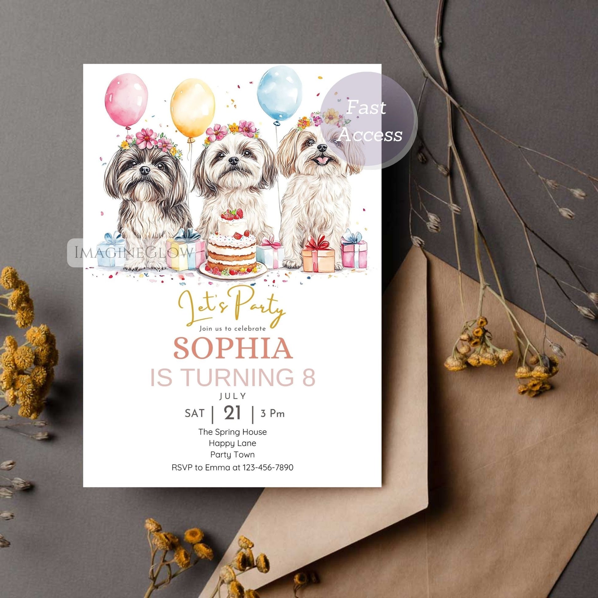 Floral Shih Tzu puppy birthday invitation