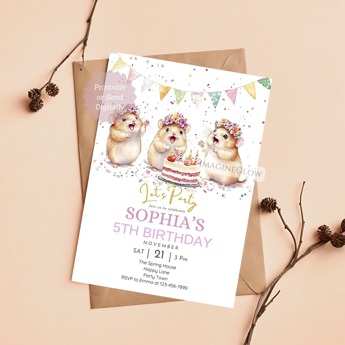 Hamster birthday invitation with cute mouse design
